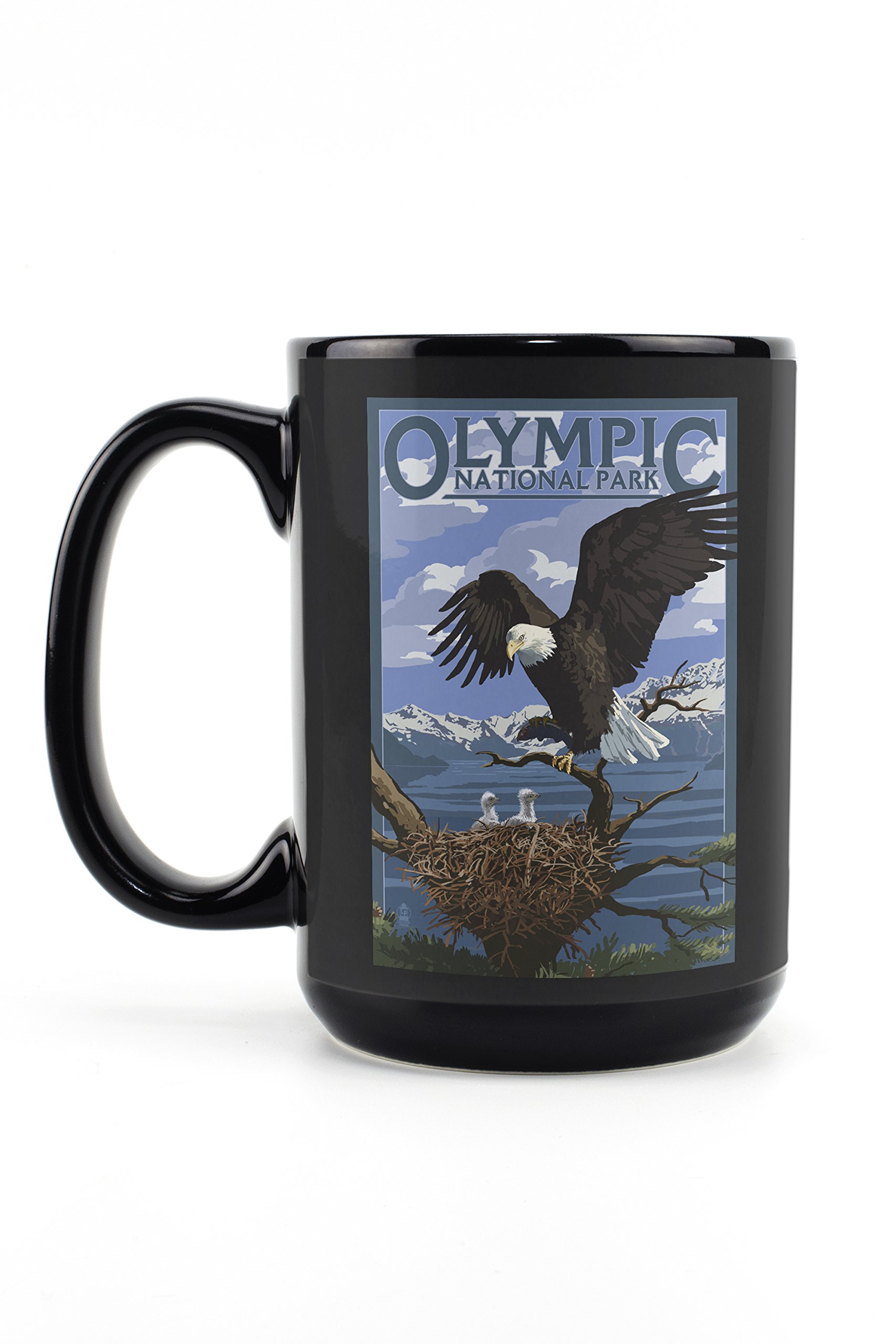 Lantern Press Olympic National Park Washington Eagle and Chicks 15oz Black Ceramic Coffee Mug - Microwave & Dishwasher Safe - Perfect for Home, Office, Camping & Gifts