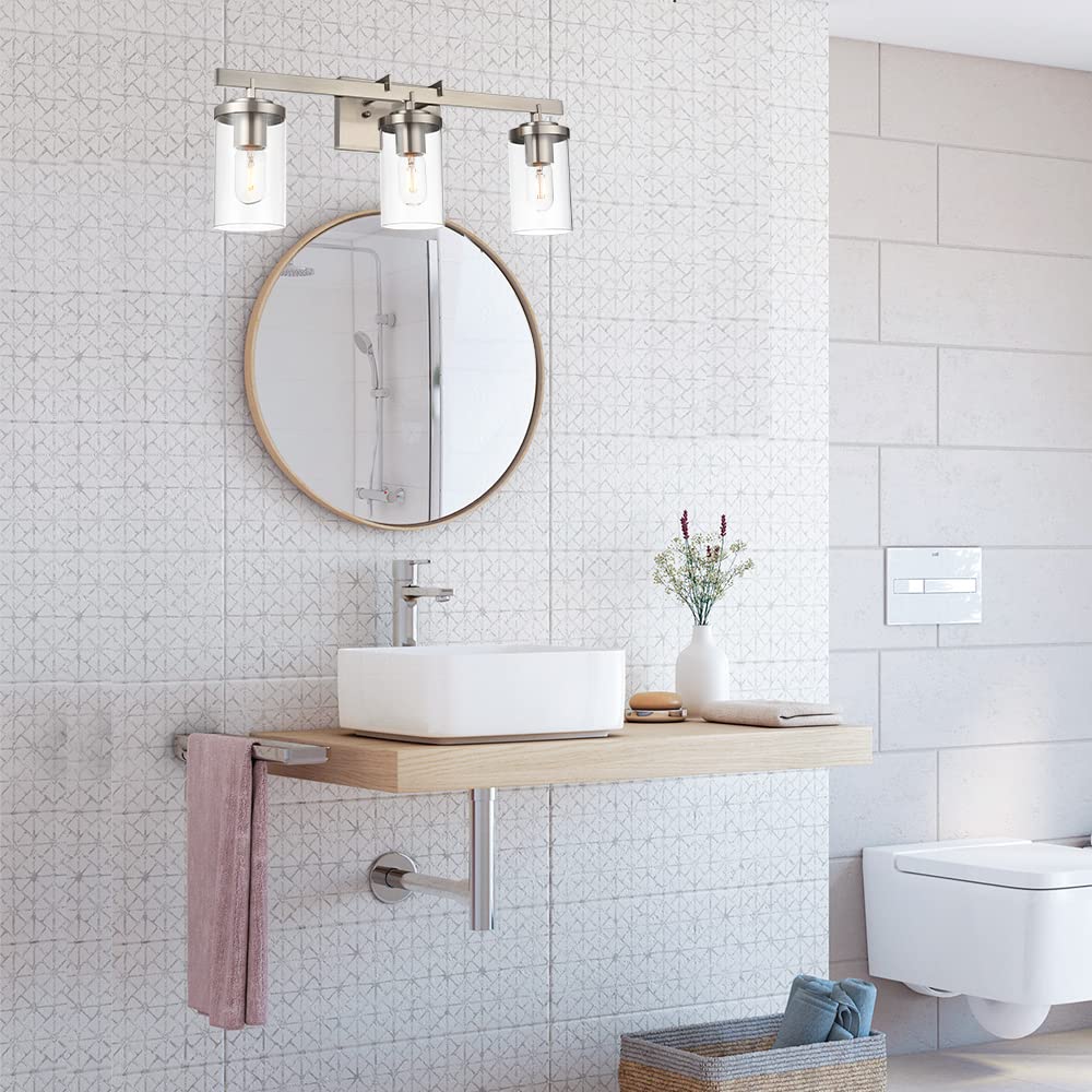 BONLICHT Modern 3-Light Vanity Wall Sconce - Brushed Nickel Finish with Clear Glass Shade, Industrial Bathroom Lighting Fixture for Mirror, Kitchen, Hallway, Foyer & Dressing Table - Perfect for Home Decor and Interior Lighting Upgrade