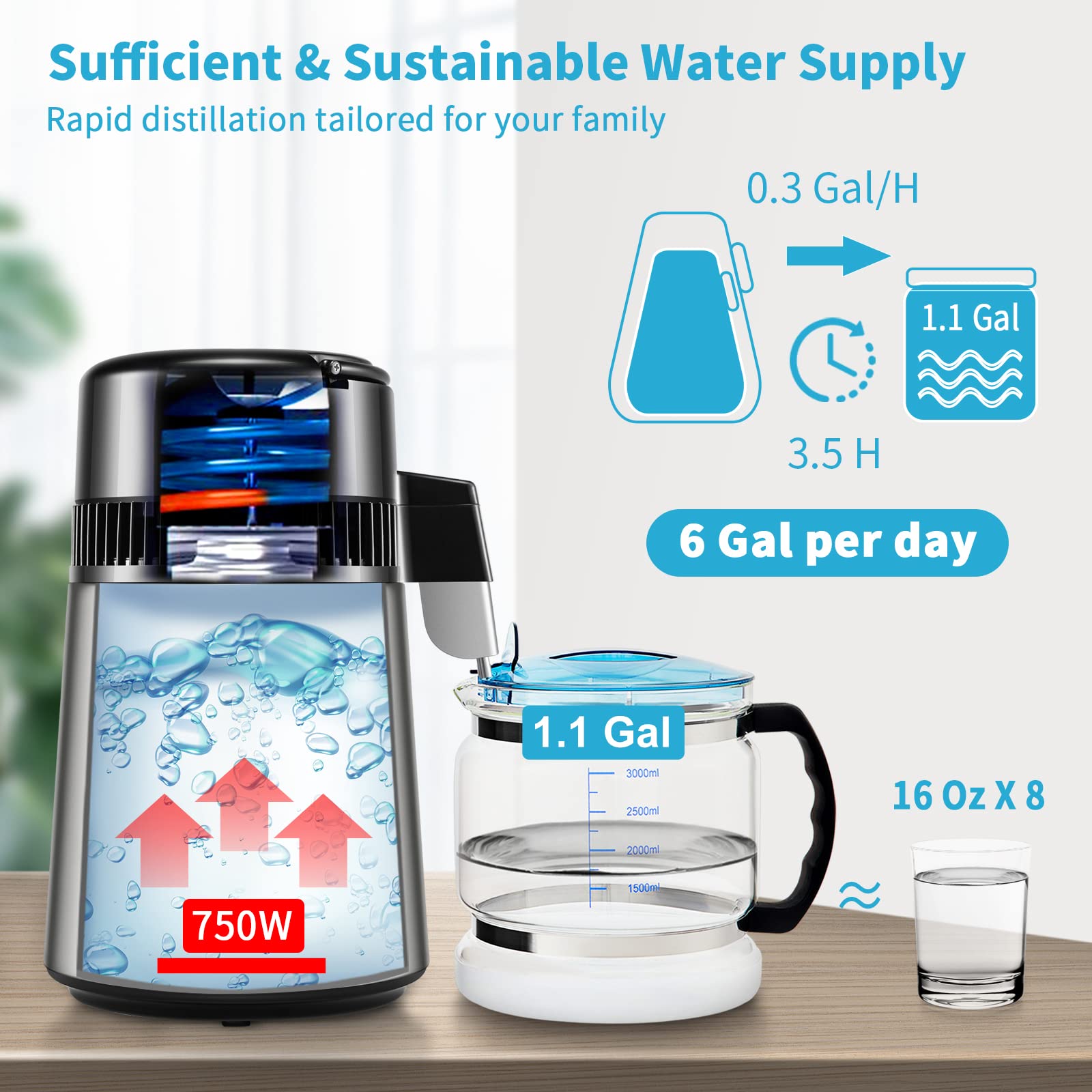 VEVOR 1.1 Gallon Countertop Water Distiller Machine - 750W Stainless Steel with Glass Carafe, 0.3 Gal/Hour Output & Digital Display - Includes Cleaning Powder & 3 Carbon Filters for Home, Office, or Emergency Preparedness