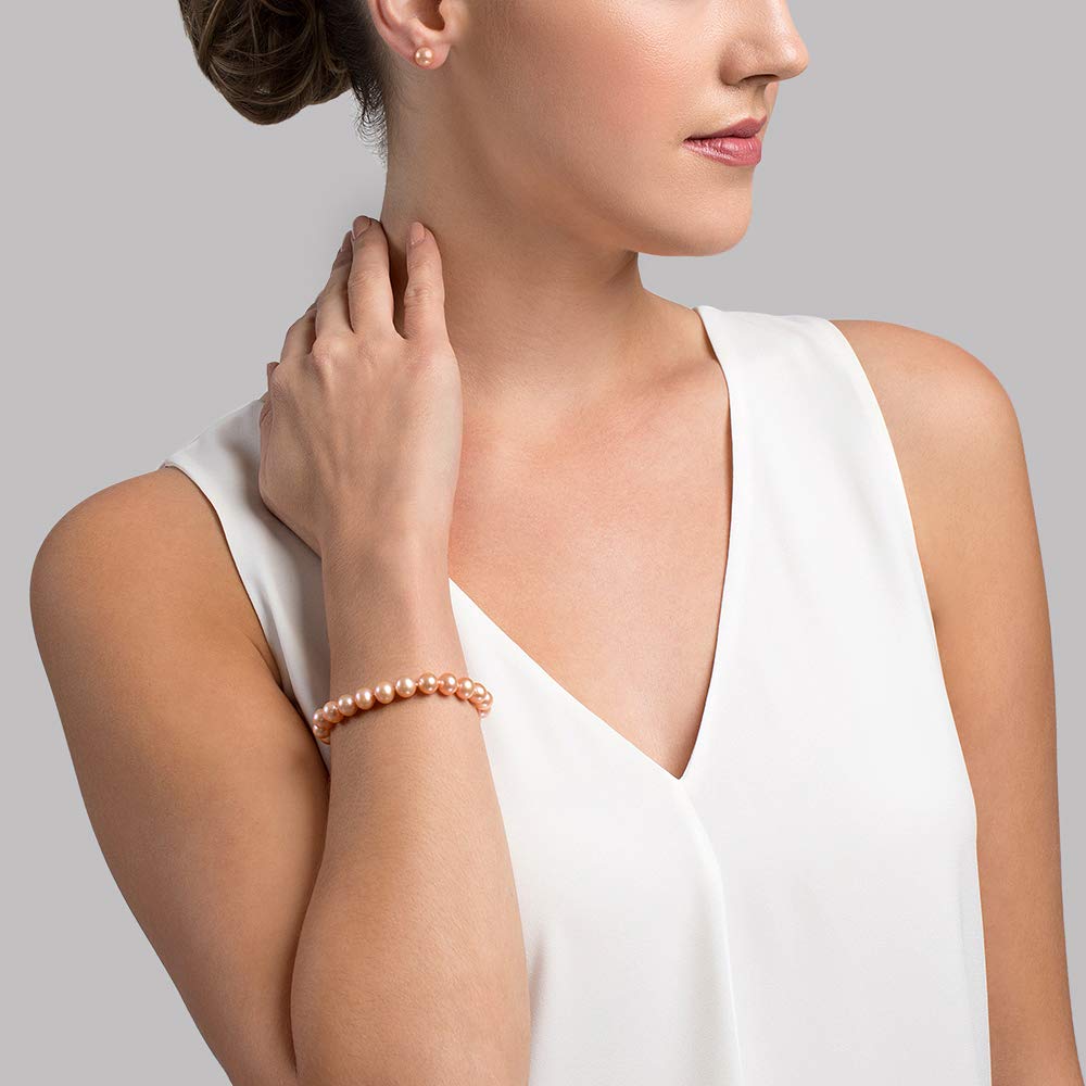 AAA Quality 7-8mm Round Peach Freshwater Cultured Pearl Bracelet in Sterling Silver for Women - Perfect for Weddings, Anniversaries & Special Occasions