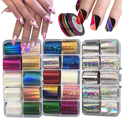 30 Roll Holographic Nail Foil Stickers - Silver Laser Nail Decals & 10 Roll Nail Strip Tapes for Professional Nail Art Designs | Perfect for DIY Manicures, Salon Nail Decorations, and Special Occasion Nail Art