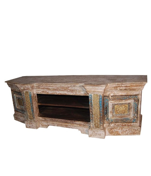 Vintage Embossed Antique Brass Multicolored TV Stand with Brass Finish - Perfect for Living Room, Home Theater & Entertainment Center Decor