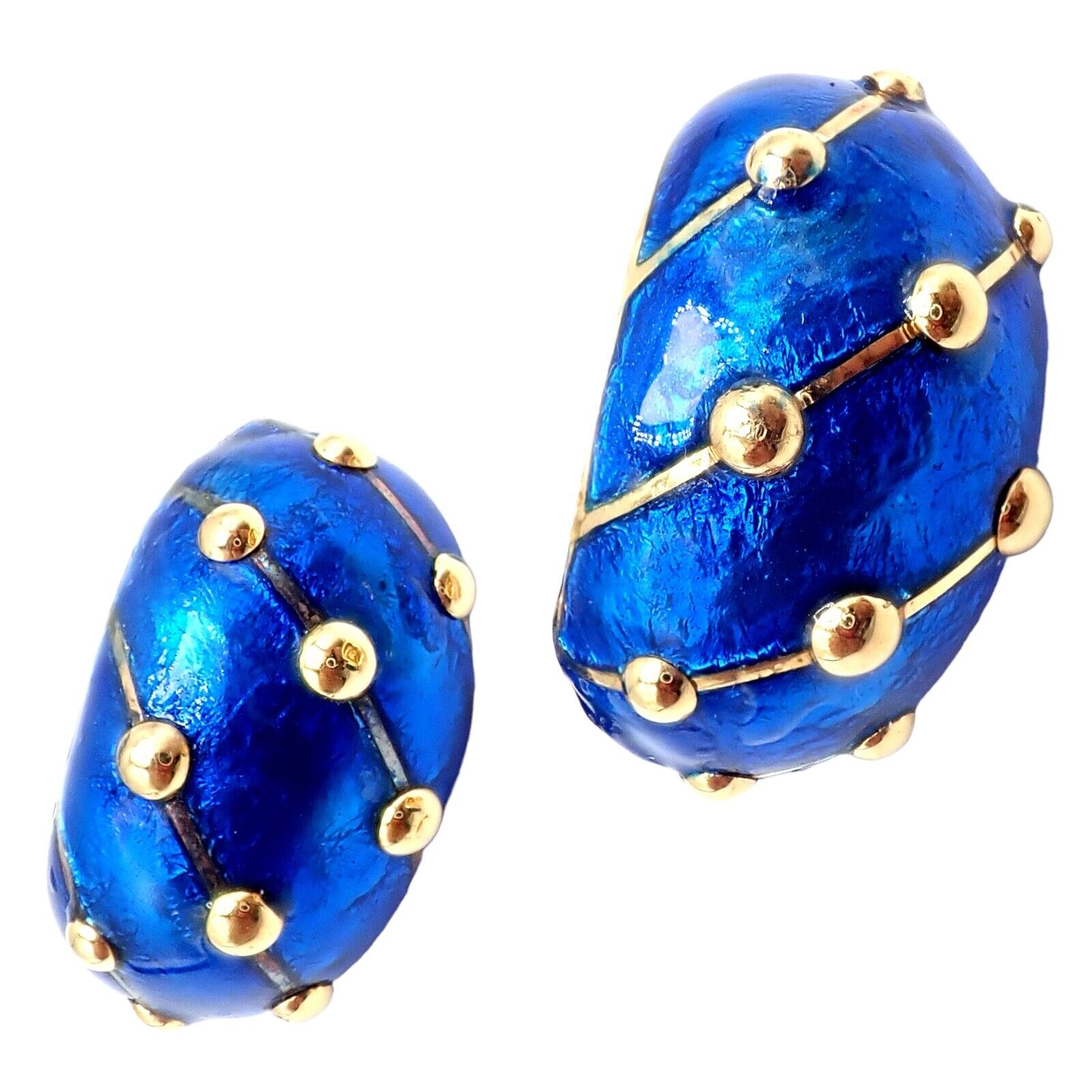 Tiffany & Co Schlumberger 18k Yellow Gold Large Blue Enamel Banana Clip Earrings - Luxury Vintage Jewelry for Women, Perfect for Parties, Weddings & Special Occasions