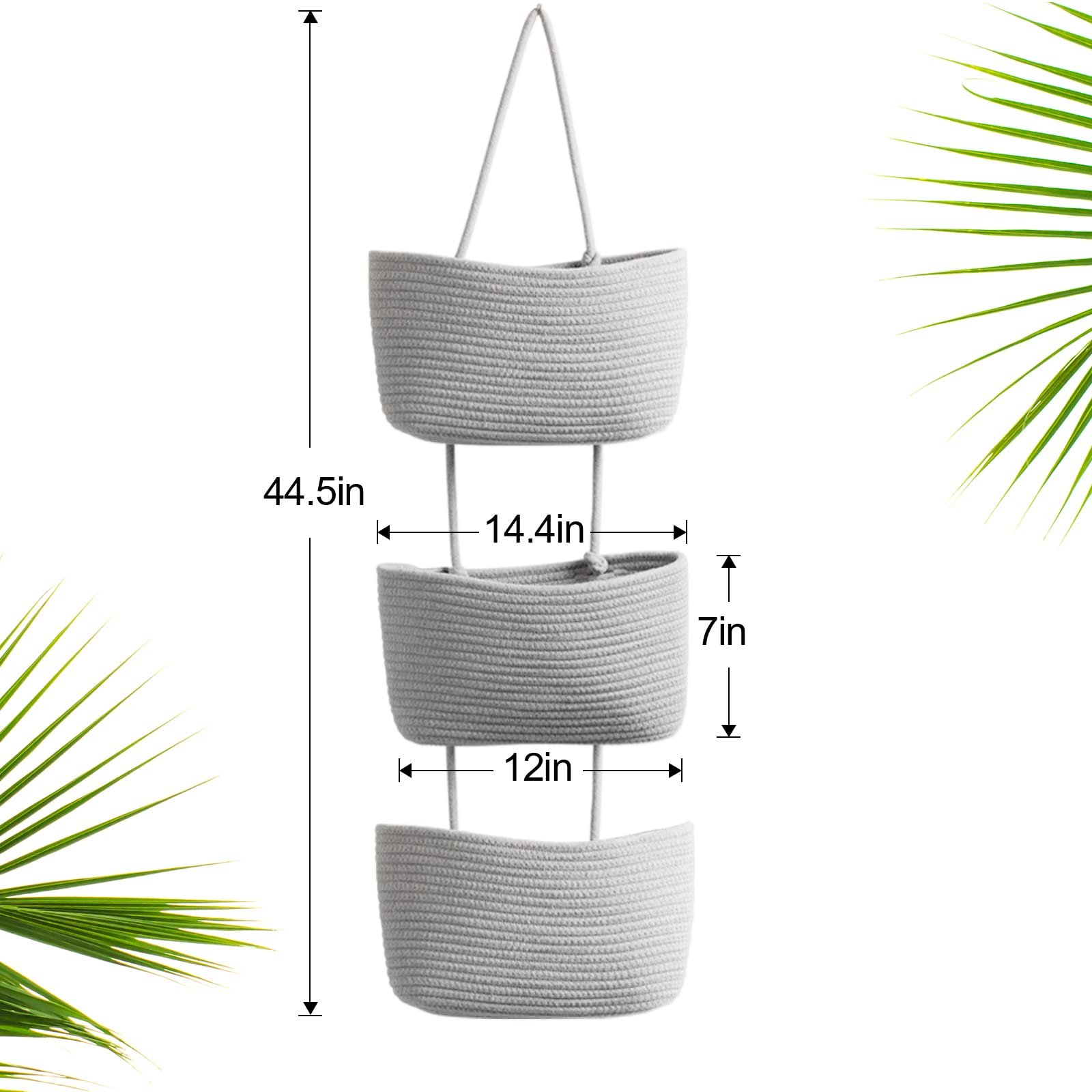 3-Tier Woven Cotton Over the Door Organizer - Gray Hanging Storage Baskets for Kitchen, Bathroom & Bedroom | Space-Saving Wall-Mounted Decorative Rope Baskets with Hooks | Perfect for Pantry Organization, Towel Storage & Small Item Clutter Control