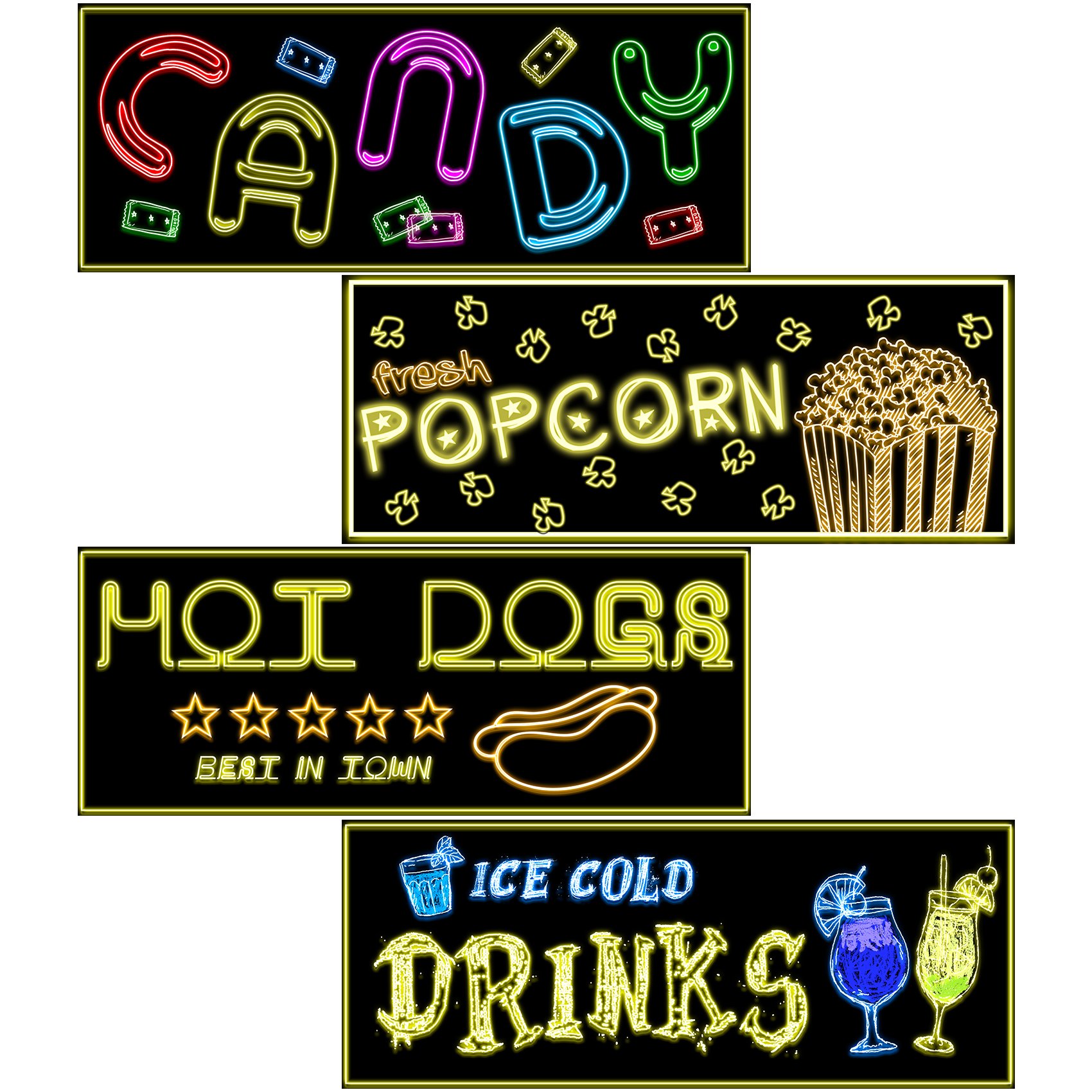 Musykrafties Movie Night Large Prepasted Food Sign - Dancing Snacks Theater Cutout Wall Mural Decal Stickers 4-Pack for Home Theater Decor, Cinema Party & Kids Room Decoration