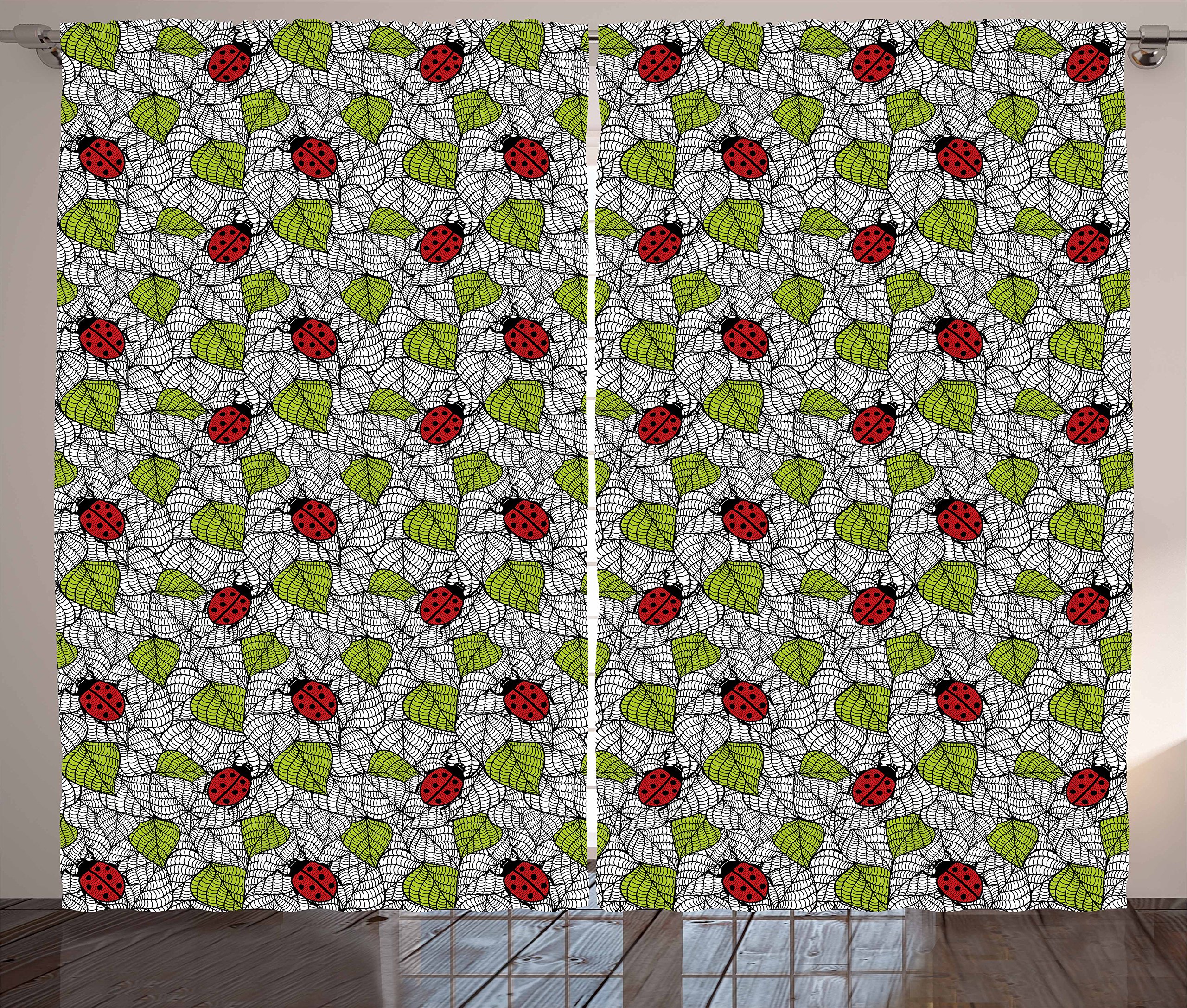 Ambesonne Ladybugs Curtains - Eco-Friendly Fresh Leaves & Ladybugs Doodle Print, Black Red Green Window Drapes for Living Room & Bedroom, 2 Panel Set 108