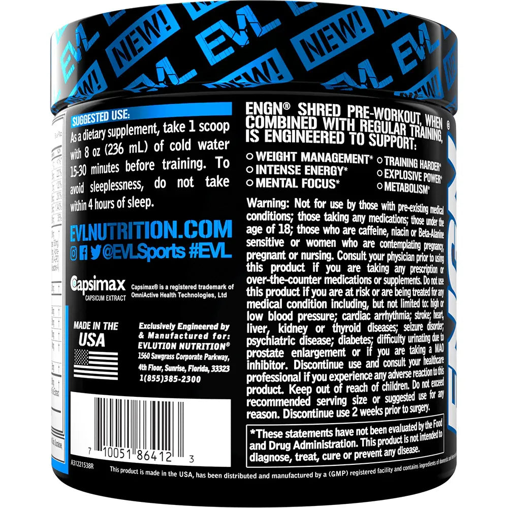 EVLution Nutrition ENGN Shred Pre-Workout Powder - 246g (30 Servings) | Fat Burner & Energy Booster for Gym & Fitness Training