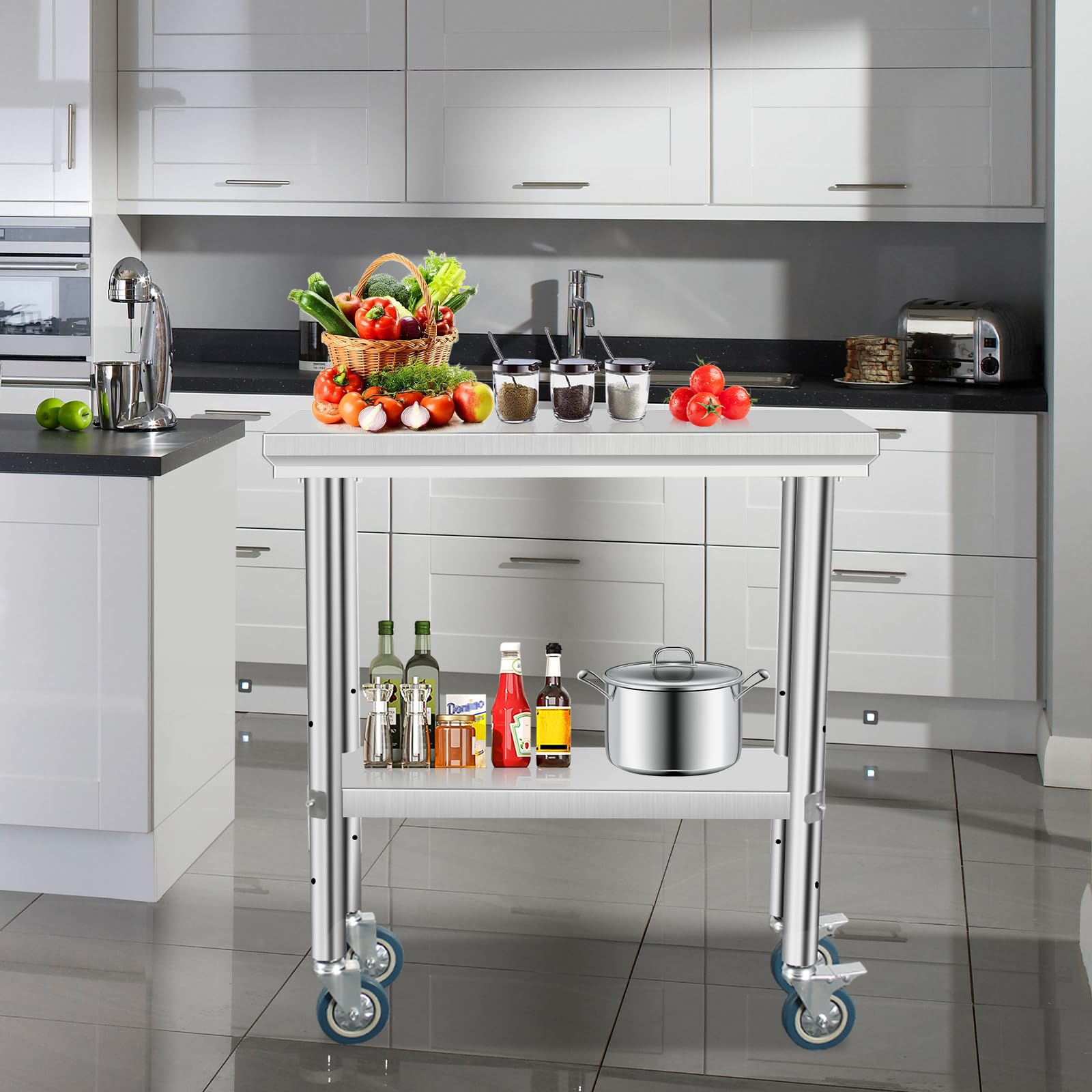 Heavy Duty Stainless Steel Work Table with Wheels - 30x12x34 Inch Commercial Food Prep Table with 4 Casters | Perfect for Restaurant Kitchen, Catering Business & Food Service Industry