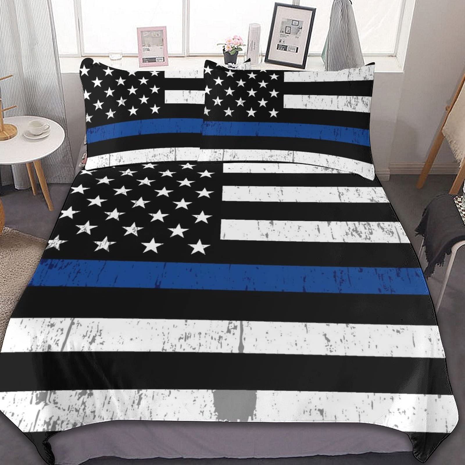 **King Size Velvet Duvet Cover Set - Thin Blue Line American Flag Print, Soft Comforter Quilt Cover for Farmhouse & Hotel Bedding - 3-Piece Set for Home & Bedroom Decor**    *(Perfect for patriotic home styling, cozy farmhouse bedrooms, or hotel-inspired comfort)*