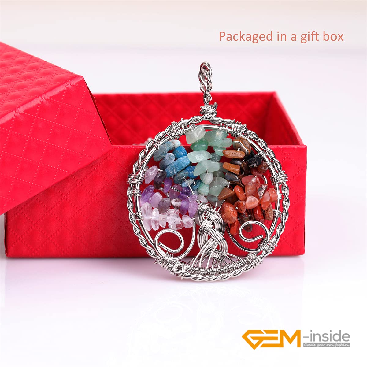 GEM-inside Natural Tree of Life Necklace - Handmade Healing Stone Jewelry with Rose Quartz Chips for Women, 24