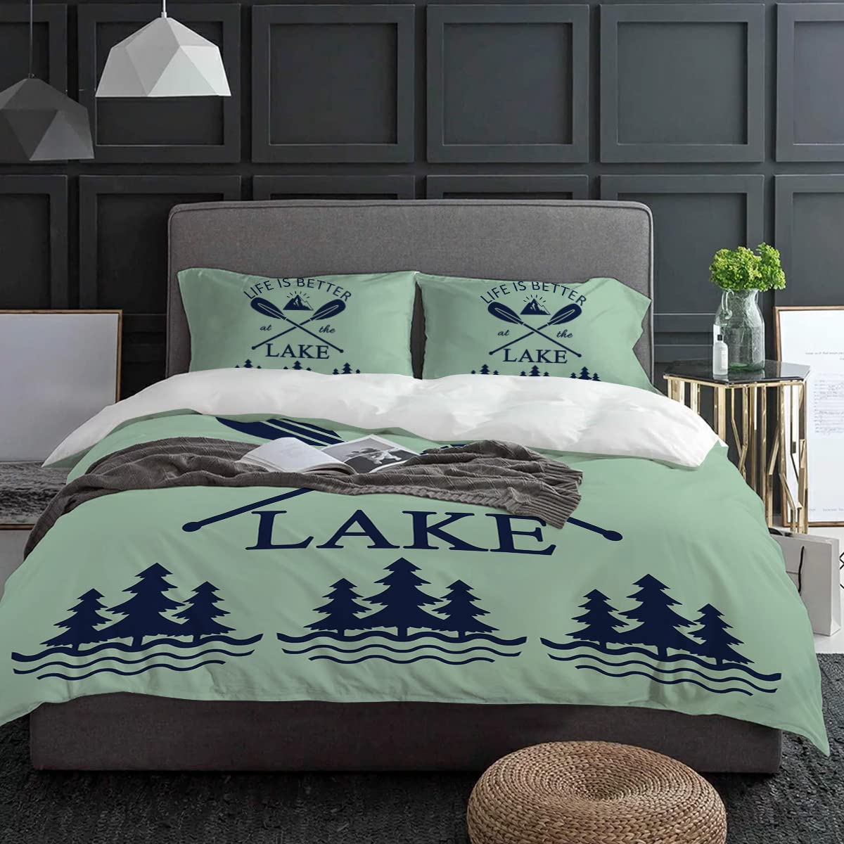 ALAGEO 3-Piece Duvet Cover Set - Life is Better at The Lake Pine Forest & Oars Design - Soft Washable Full/Queen Comforter Cover with Pillowcases - Perfect for Lakeside Cabins, Rustic Bedrooms & Cozy Retreats