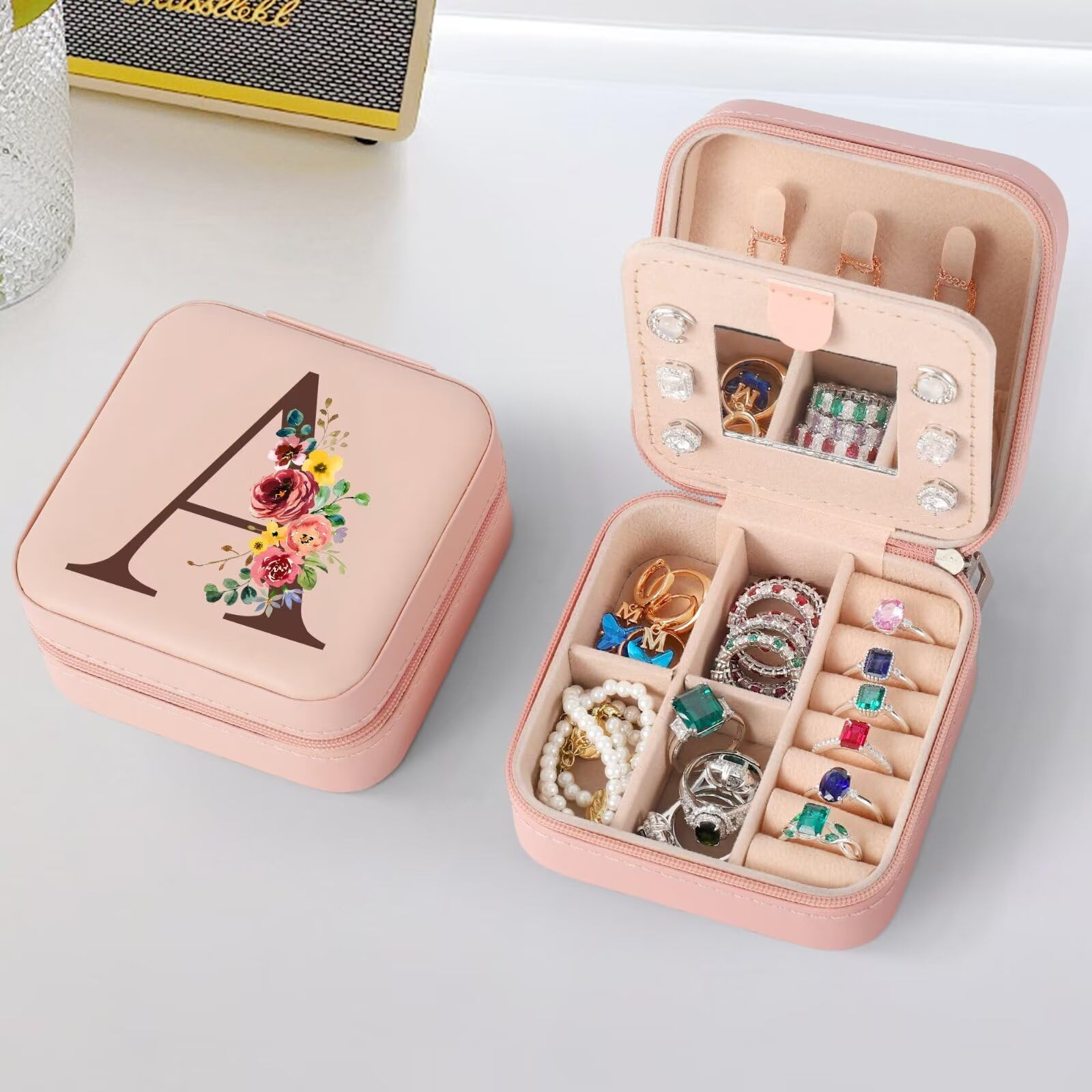 Personalized Initial Jewelry Box for Women - Travel Jewelry Case Organizer with Monogram Letter A, Pink Gift Box for Birthday, Self Care & Special Occasions - Perfect Women's Gift Idea for Travel, Home Storage & Daily Accessory Organization