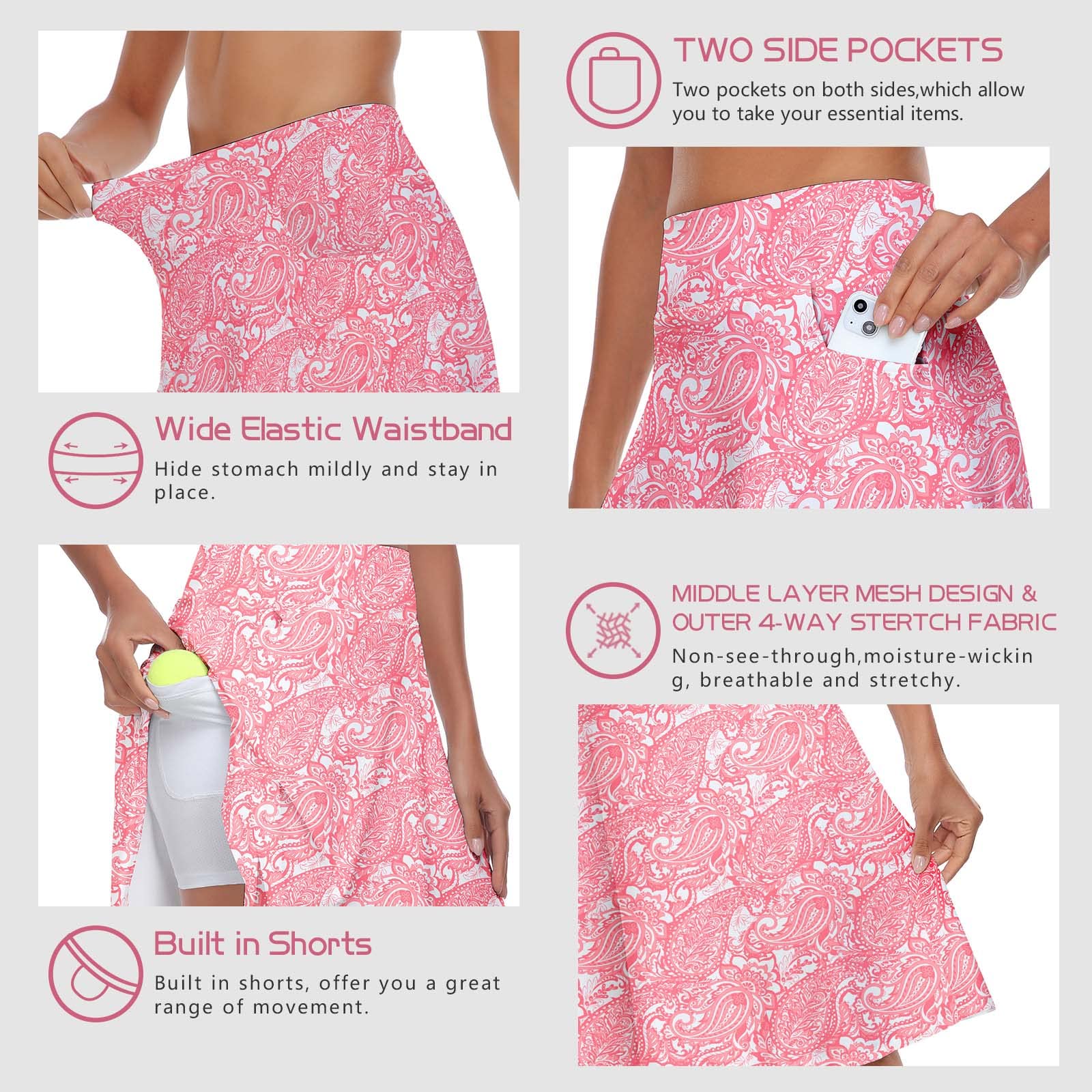 WOWENY Women's 20-Inch Knee-Length Tennis Skirt with Built-in Shorts & Pockets - Athletic Skort for Tennis, Golf, Running & Casual Wear