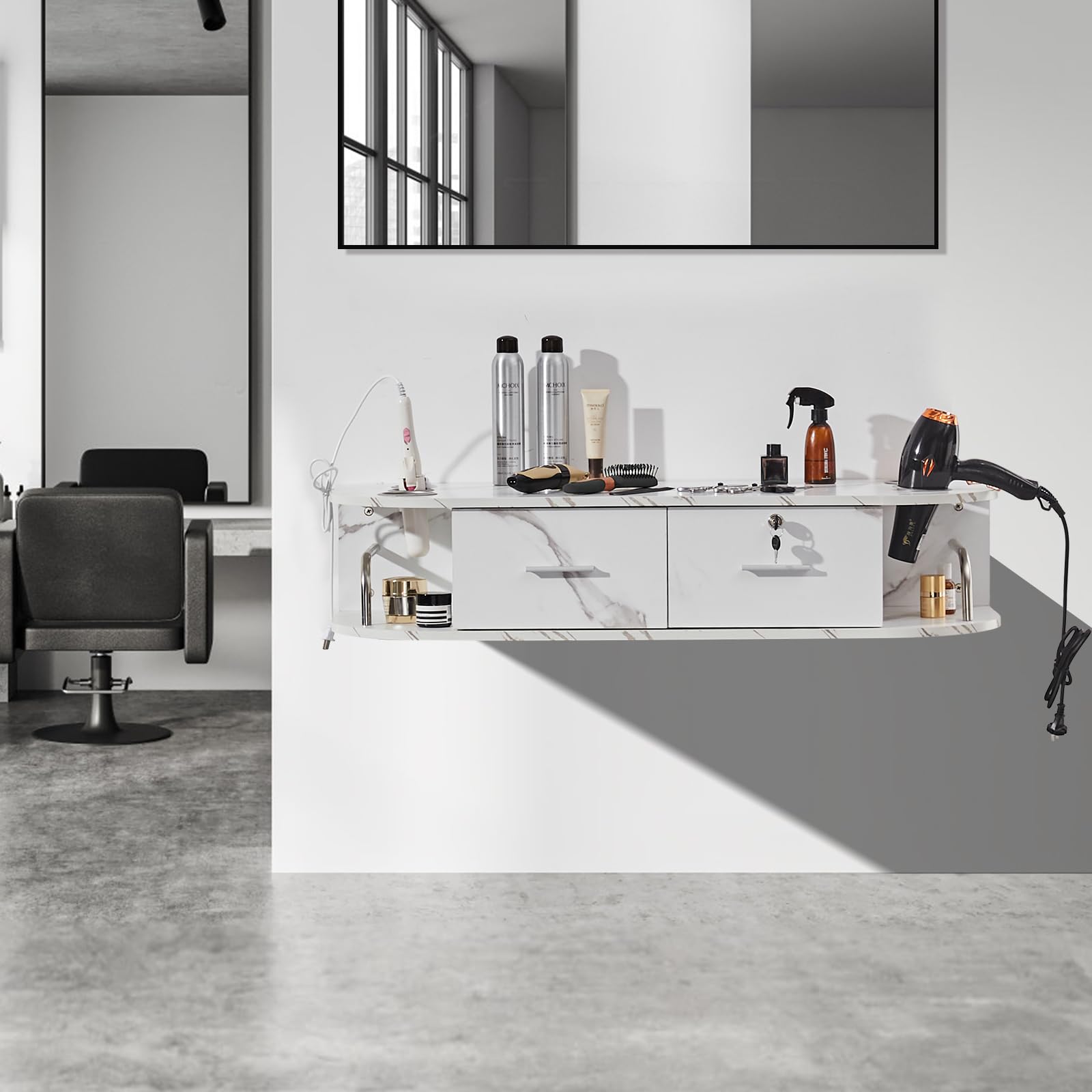 VEVOR Wall Mount Salon Styling Station - Professional Hair Barber Table with 5 Hair Dryer Holders, 2 Drawers (1 Lockable), White Marble Beauty Salon Equipment for SPA, Barber Shop & Home Use - Perfect for Hair Styling, Makeup Application and Bathroom Organization