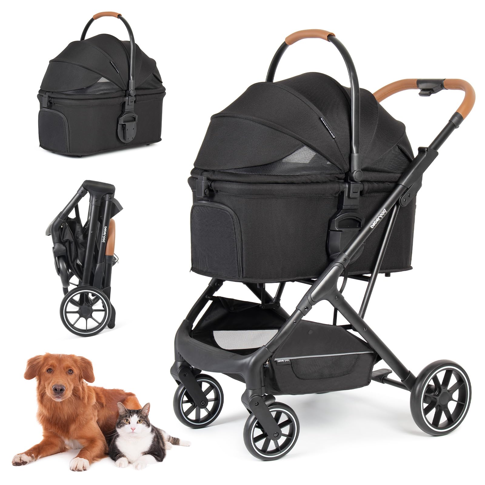 Premium T6 Luxury Pet Stroller for Medium Dogs Up to 66lbs or 2 Small Dogs & Cats - Foldable, Detachable Carrier with Wheels (Black) | Perfect for Outdoor Walks, Vet Visits & Shopping Trips