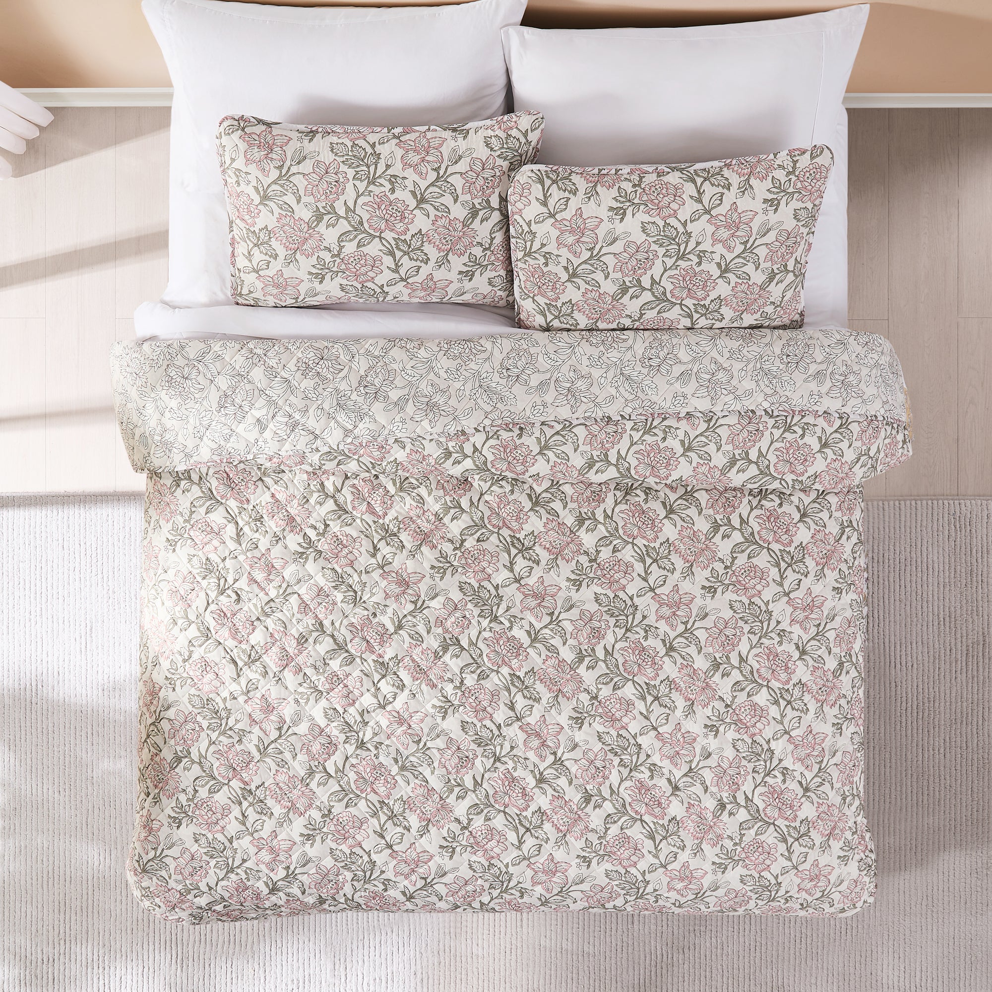 Zara Floral Block Reversible Quilt Set - King Size Bedding with Matching Pillow Shams, Soft Cotton Comforter Cover for Master Bedroom & Guest Room Decor