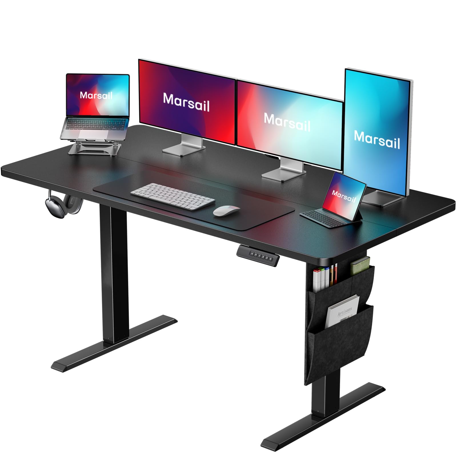 Marsail 48x24 Inch Electric Standing Desk - Adjustable Height Home Office Desk with Storage Bag & Headphone Hook, Memory Preset for Computer Workstations | Perfect for Remote Work, Gaming Setup & Small Office Spaces