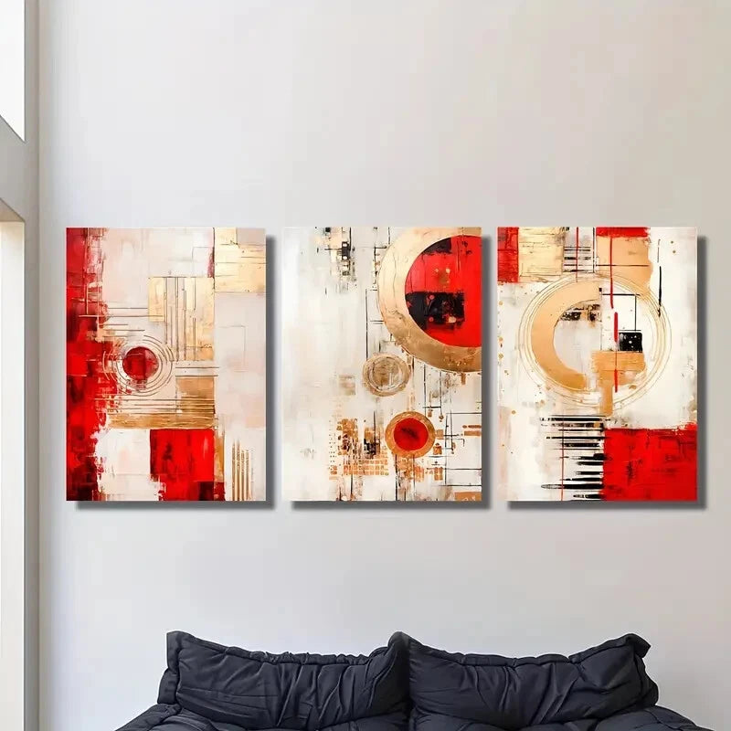 3-Piece Red Abstract Geometry Metal Wall Art - Ready to Hang Modern Home Decor for Living Room, Bedroom & Office