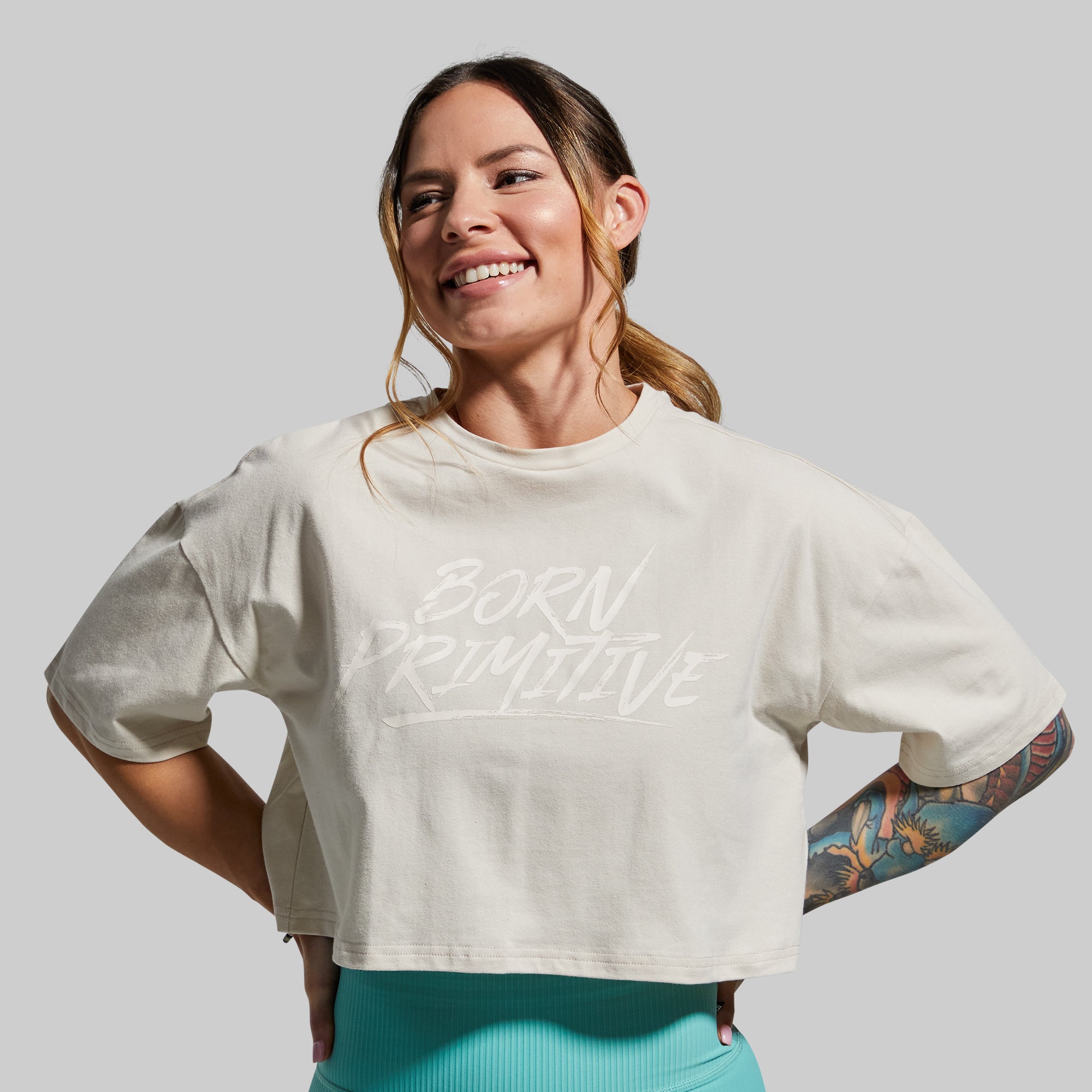 Women's Workout Crop Top 2.0 - Breathable Yoga Shirt for Gym & Running (Oatmeal) | Perfect for Fitness, Pilates & Casual Wear