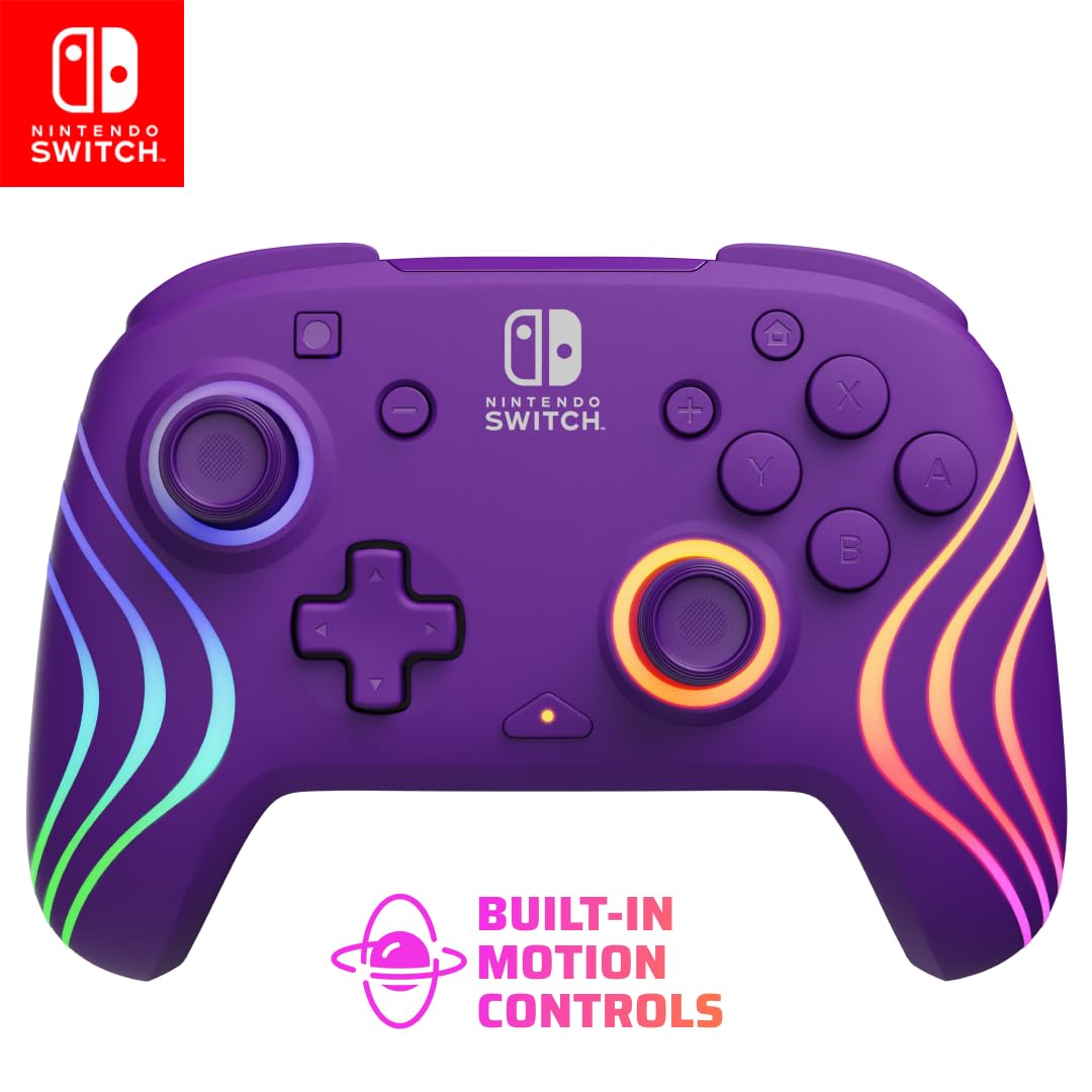 PDP Afterglow Wave Wireless Pro Controller for Nintendo Switch & OLED - Motion Controls, Custom LED Lighting, 30ft Range, 20-Hour Rechargeable Battery (Purple) - Perfect for Gaming at Home or On-The-Go