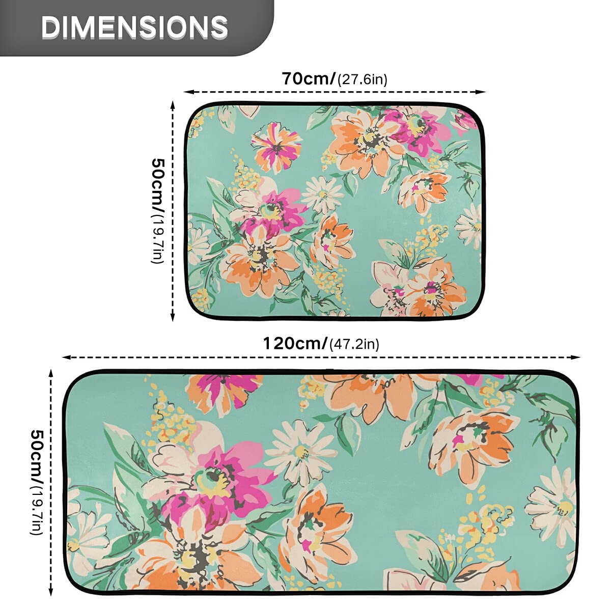 Non-Slip Washable Floral Kitchen Rugs Set of 2 - Sketched Bright Design Runner Mats for Kitchen Floor, Home, Sink & Laundry Room | Perfect for High-Traffic Areas & Spill Protection