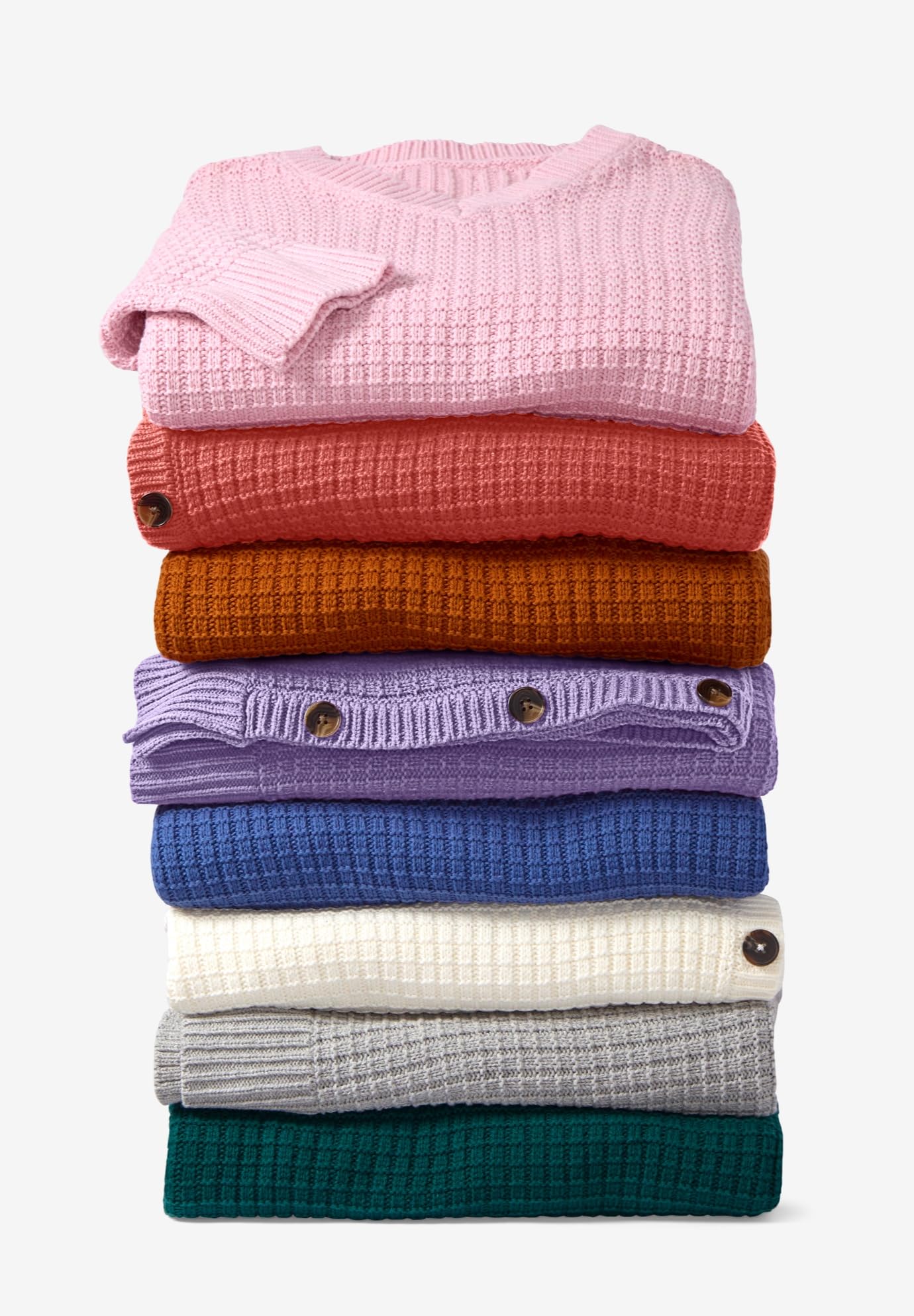Plus Size V-Neck Waffle Knit Sweater for Women with Side Buttons - Cozy Casual Wear for Fall & Winter, Office & Weekend Outfits