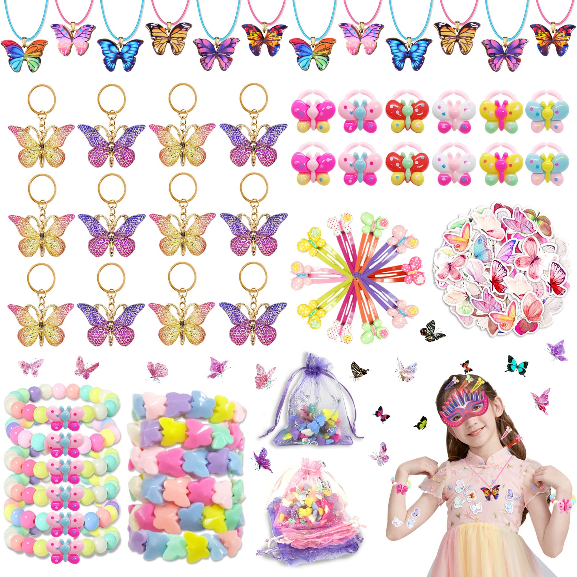 72pcs Butterfly Party Favors Set - Fairy Birthday Party Supplies with Keychains, Hairpins, Stickers & Organza Bags - Perfect for Butterfly Themed Birthday Parties, Fairy Decorations & Baby Showers - Great for DIY Crafts, Gift Bags & Party Favors