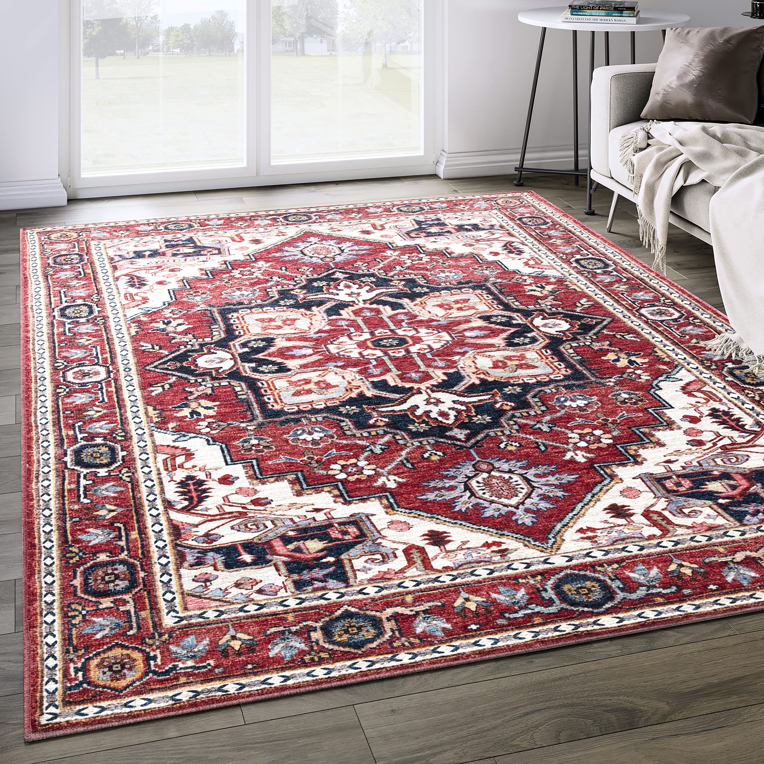 Abani 5' x 8' Red Traditional Rectangular Area Rug - Machine Washable Polypropylene, Stain Resistant & Non-Shedding Large Rug for Living Room, Bedroom, Dining Room & Home Decor