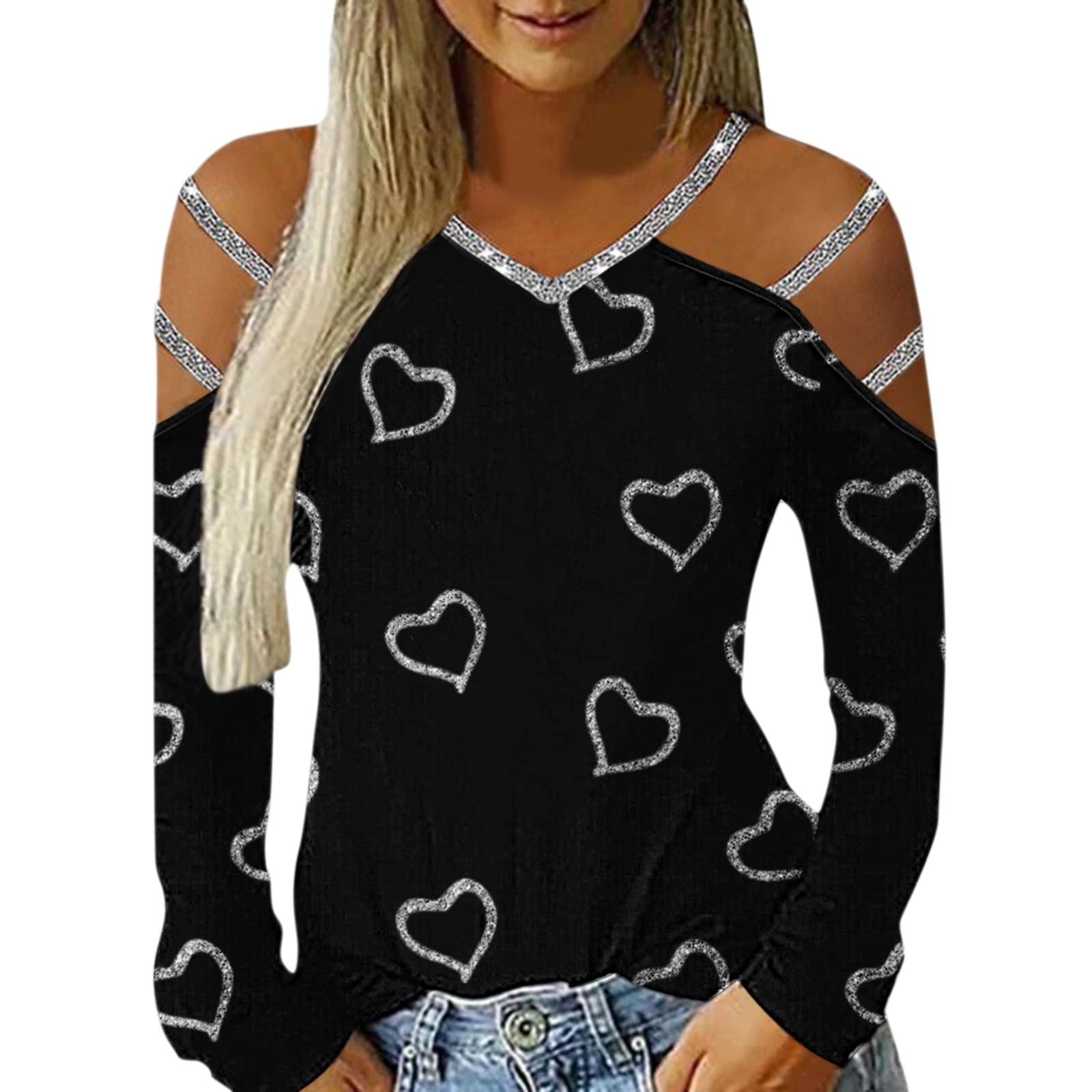 Women's Casual Heart Printed V-Neck Off Shoulder Long Sleeve T-Shirt | Fall Fashion Top for Women | Perfect for Everyday Wear, Date Nights & Office Outfits