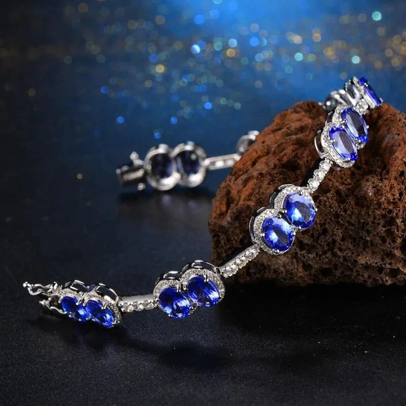 13.34ctw Oval Natural Tanzanite & Diamond Pave Bracelet in 14K Gold (Au585) - Elegant Caimao Jewelry for Women, Perfect for Weddings, Anniversaries & Special Occasions