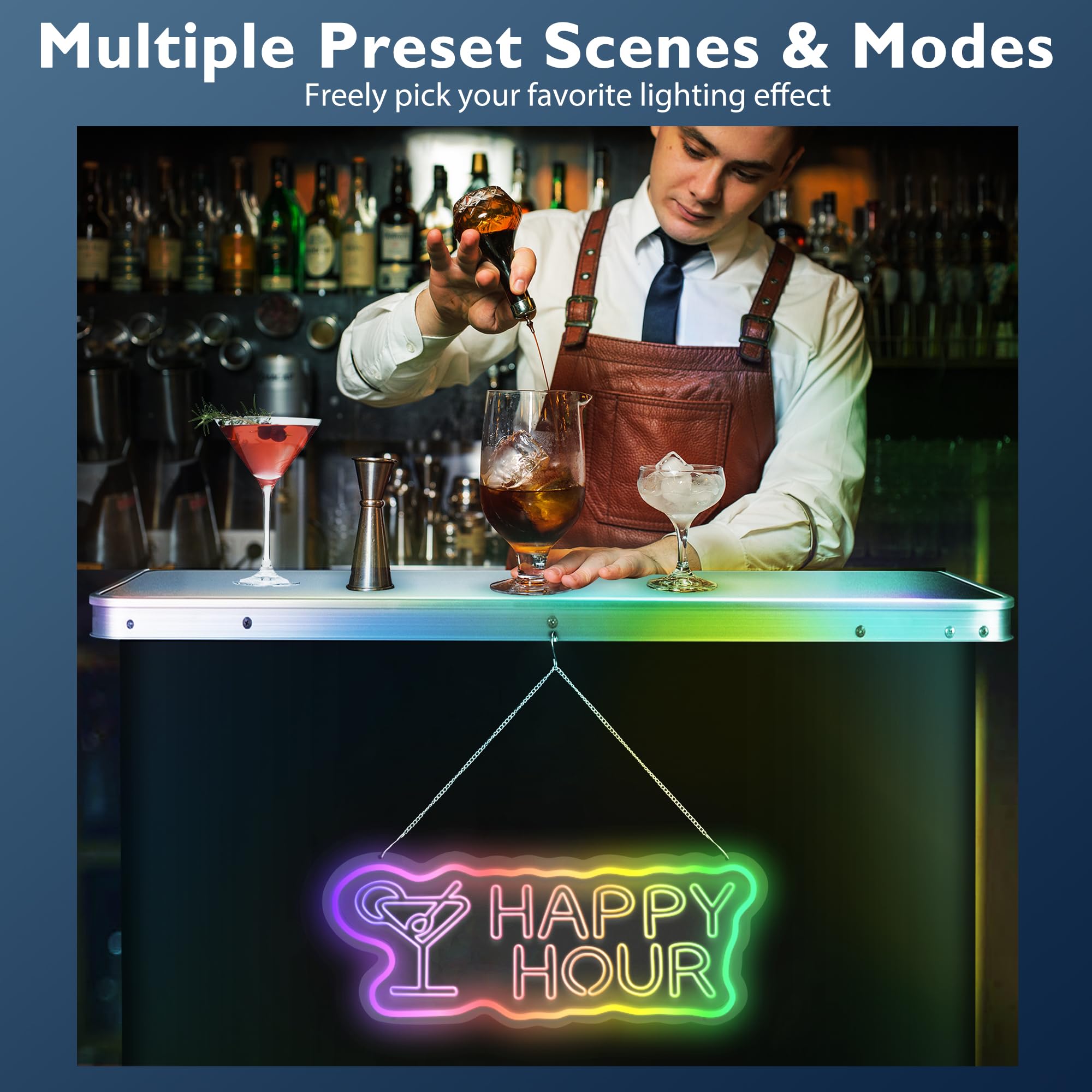 BRILLIHOOD Portable Pop-Up Bar Table with LED Neon Sign - Music Sync Light Up Bar Table for Outdoor, Patio, Party & Picnic - Includes Storage Shelf & Removable Skirt - Perfect for Backyard Gatherings, Tailgating & Wedding Receptions