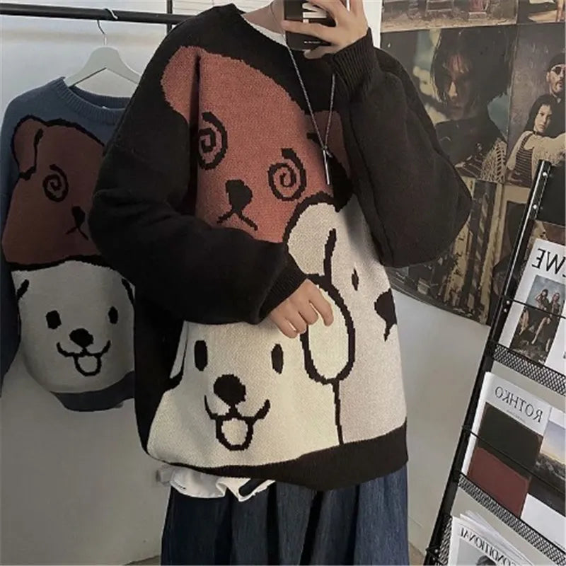 Men's Cartoon Bear Knit Sweater - Winter Warm Long Sleeve Pullover for Casual Wear | Cozy Loose Fit Fashion Top for Autumn & Winter Outfits