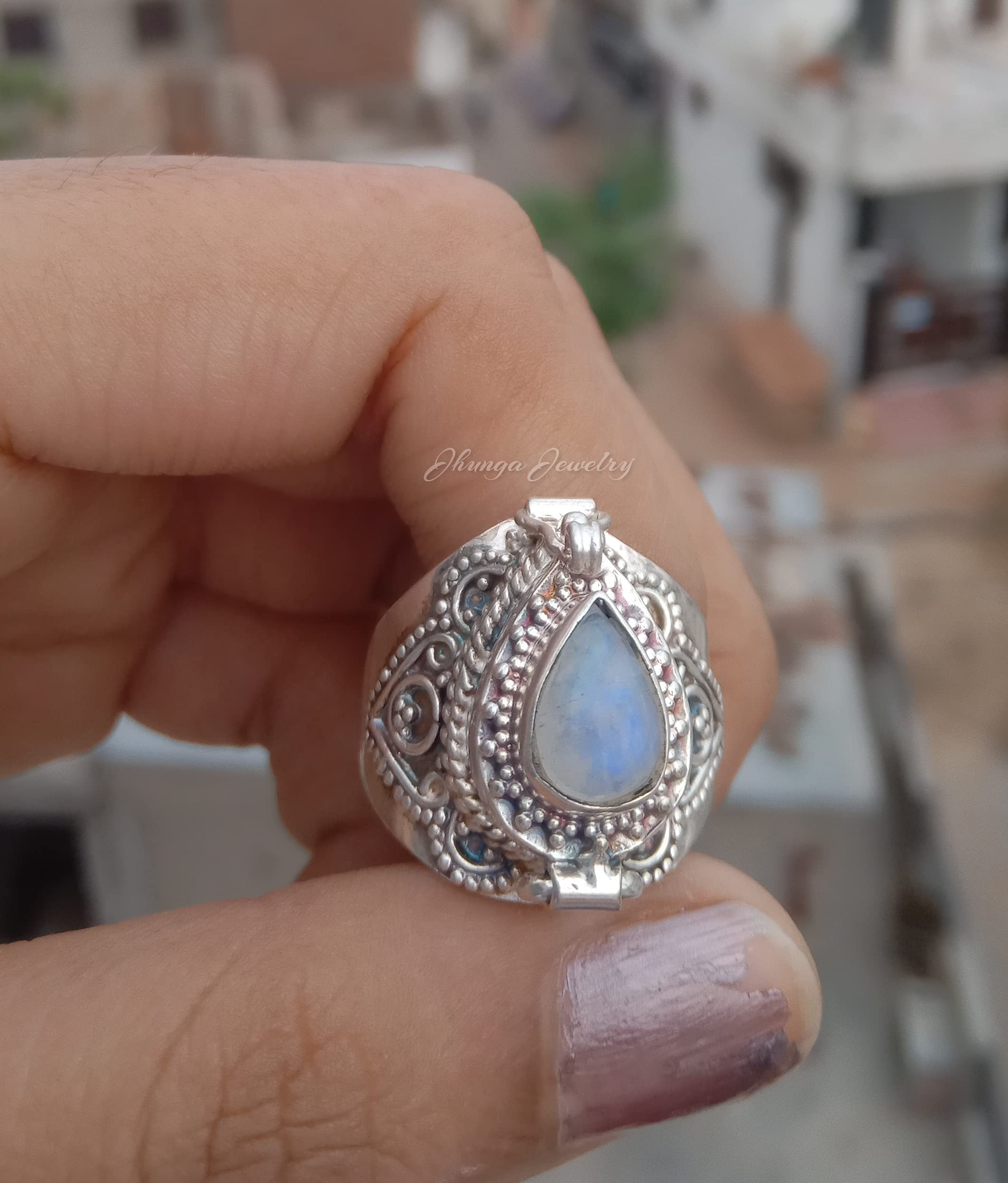 Handmade 925 Sterling Silver Rainbow Moonstone Poison Ring - Secret Box Ring with Openable Compartment for Pills, Medicine & Keepsakes | Perfect for Gothic Fashion, Cosplay & Unique Jewelry Gifts