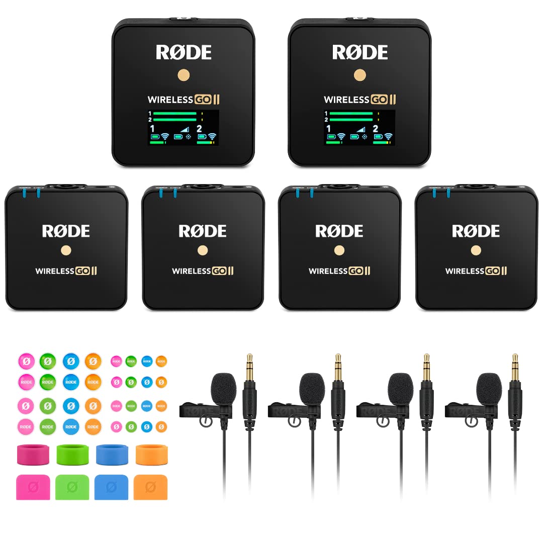Rode Wireless GO 2 Dual Compact Digital Wireless Microphone System (Pair) with 4X Lavalier GO Lapel Mics, Microphone Identifiers & Polishing Cloth - Perfect for Vlogging, Podcasting, Streaming & Interviews
