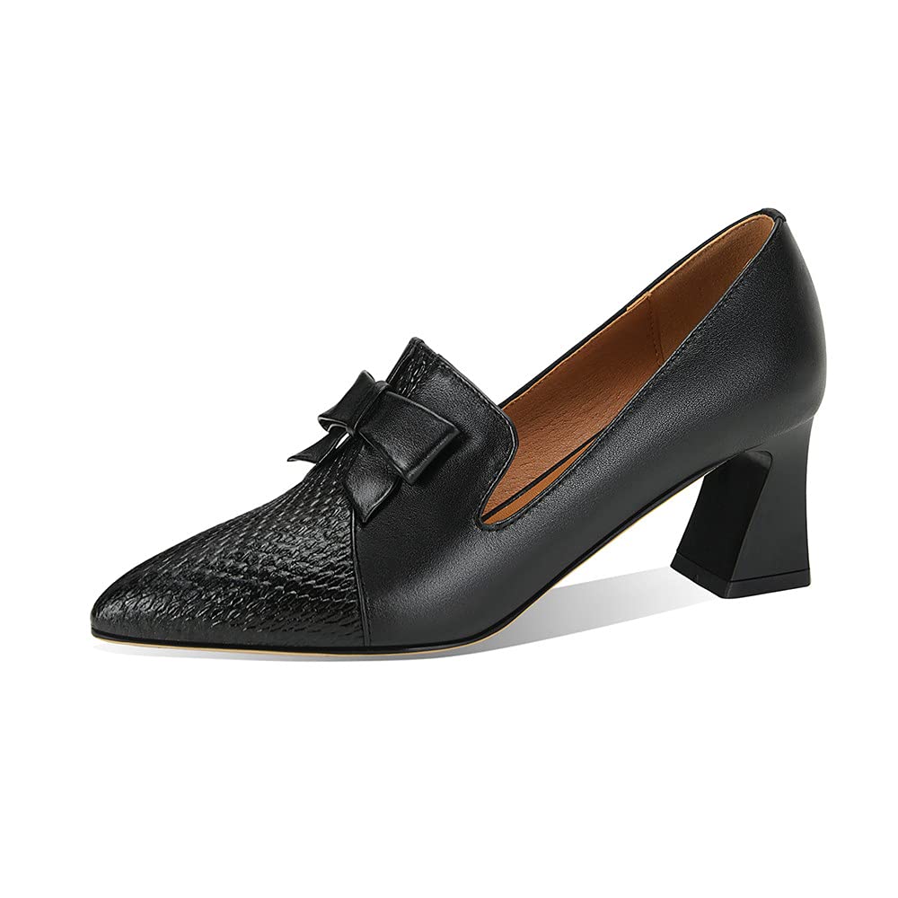 Genuine Leather Women's Pointed Toe Pumps with Bowtie - Handmade Chunky Heel Dress Shoes for Work, Party & Special Occasions