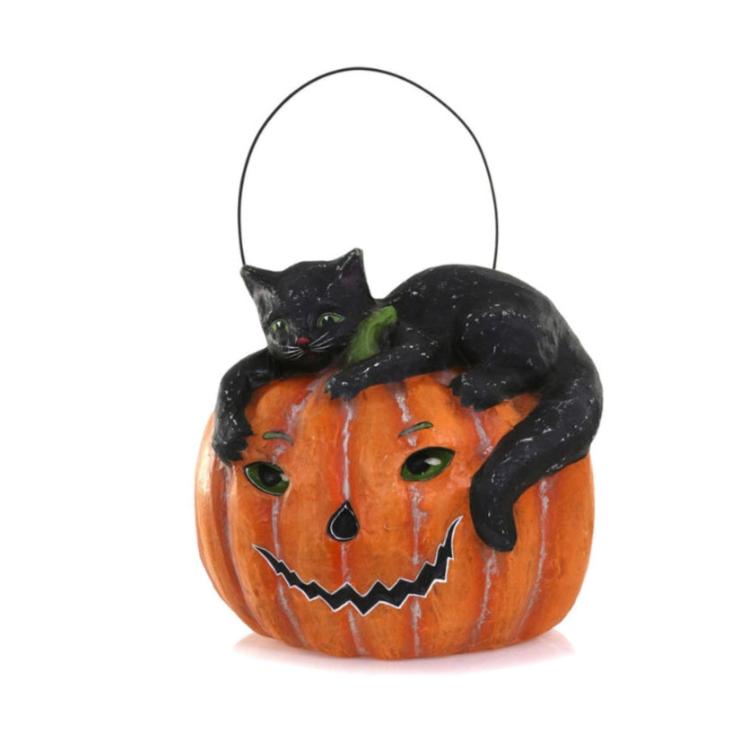 Handmade Cat with Pumpkin Paper Mache Candy Bucket - Halloween Trick or Treat Basket for Kids & Home Decor