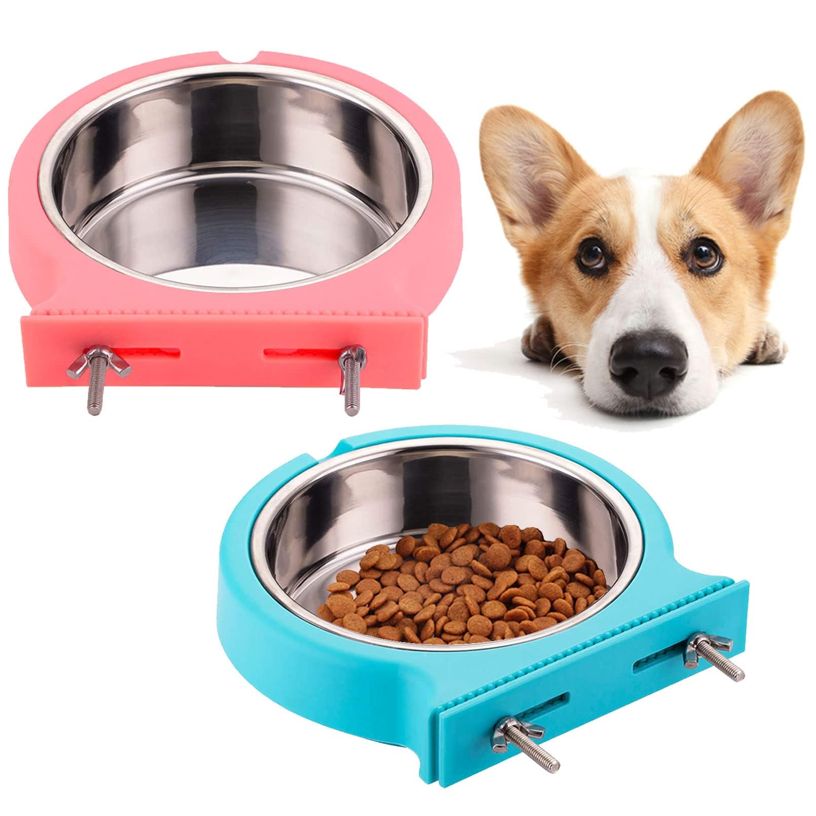 Kathson 2 Pack Stainless Steel Hanging Pet Bowls - Removable Food & Water Dish for Dogs, Cats, Rabbits, Birds & Small Animals | Perfect for Cages, Crates & Coops
