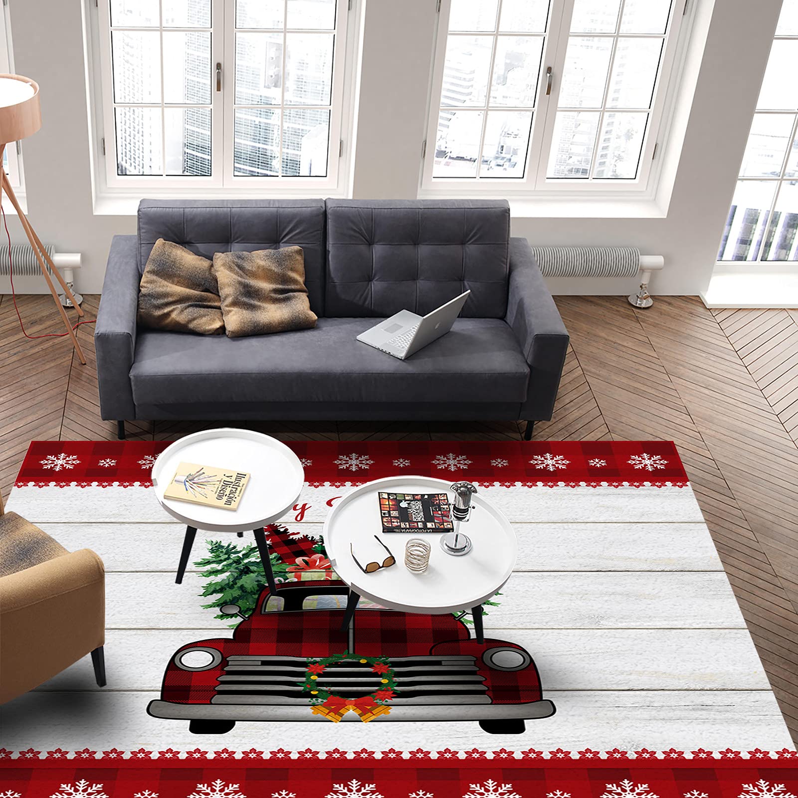 Non-Slip Absorbent Christmas Truck Design 4x6 Feet Area Rug with Red Border & Snowflakes - Soft Floor Mat for Living Room, Bedroom, Kitchen & Entryway | Perfect Holiday Home Decor & Cozy Gift Idea
