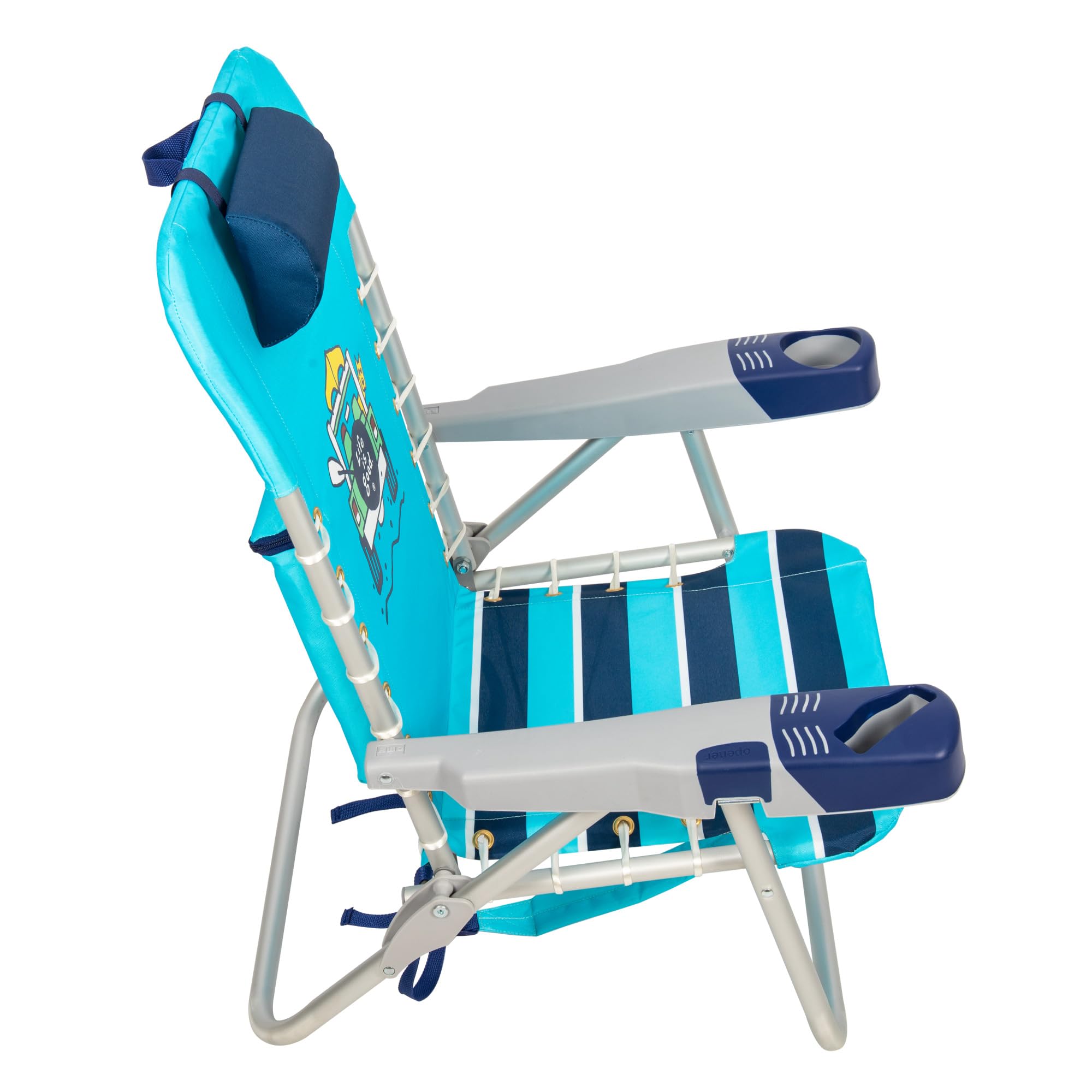 Life is Good 4-Position Adjustable Lace-up Backpack Beach Chair with Pillow, Cup Holder & Phone Pocket - Portable Folding Camping Chair for Beach, Park, Travel & Outdoor Activities - Island Blue