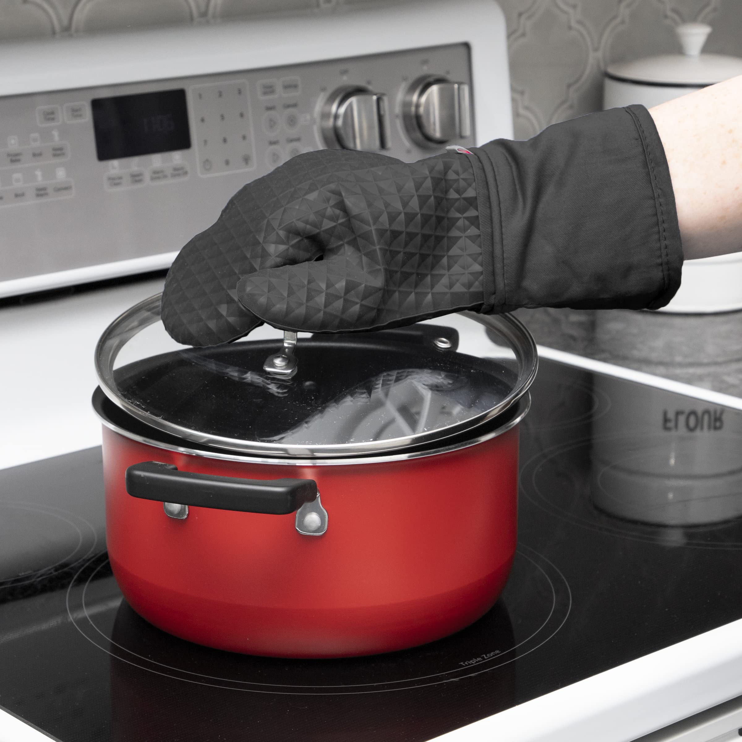 T-fal Non-Slip Heat Resistant Silicone Oven Mitts Set - Softflex Grip, 13 x 7 Inches, 2 Pack (Charcoal) - Perfect for Baking, Grilling & Kitchen Safety