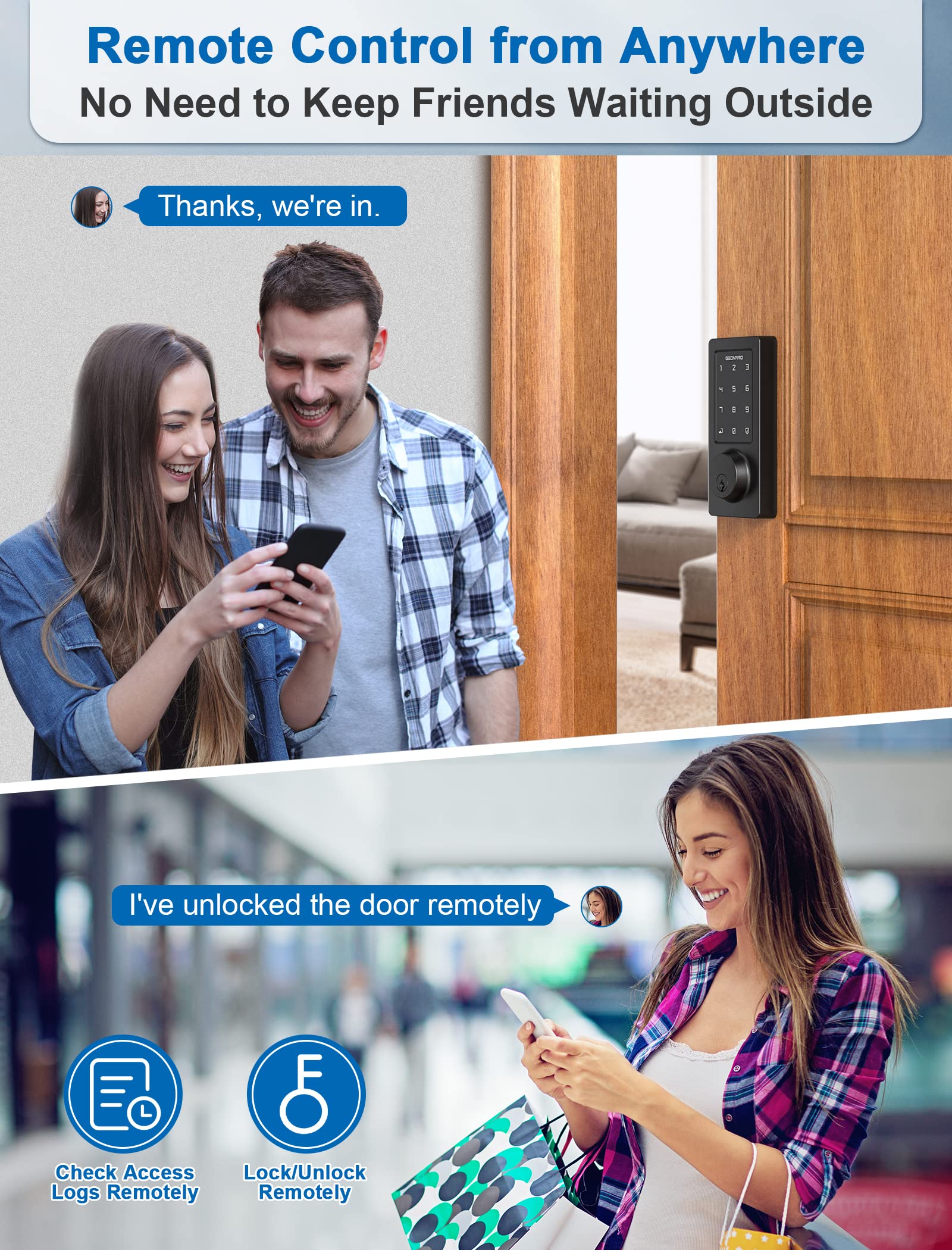 GEONFINO Smart Lock with WiFi & Bluetooth - Keyless Entry, Touchscreen Keypad, Auto Lock & Alexa Voice Control - Secure Your Home (Black) - Perfect for Smart Homes, Vacation Rentals & Airbnb Properties