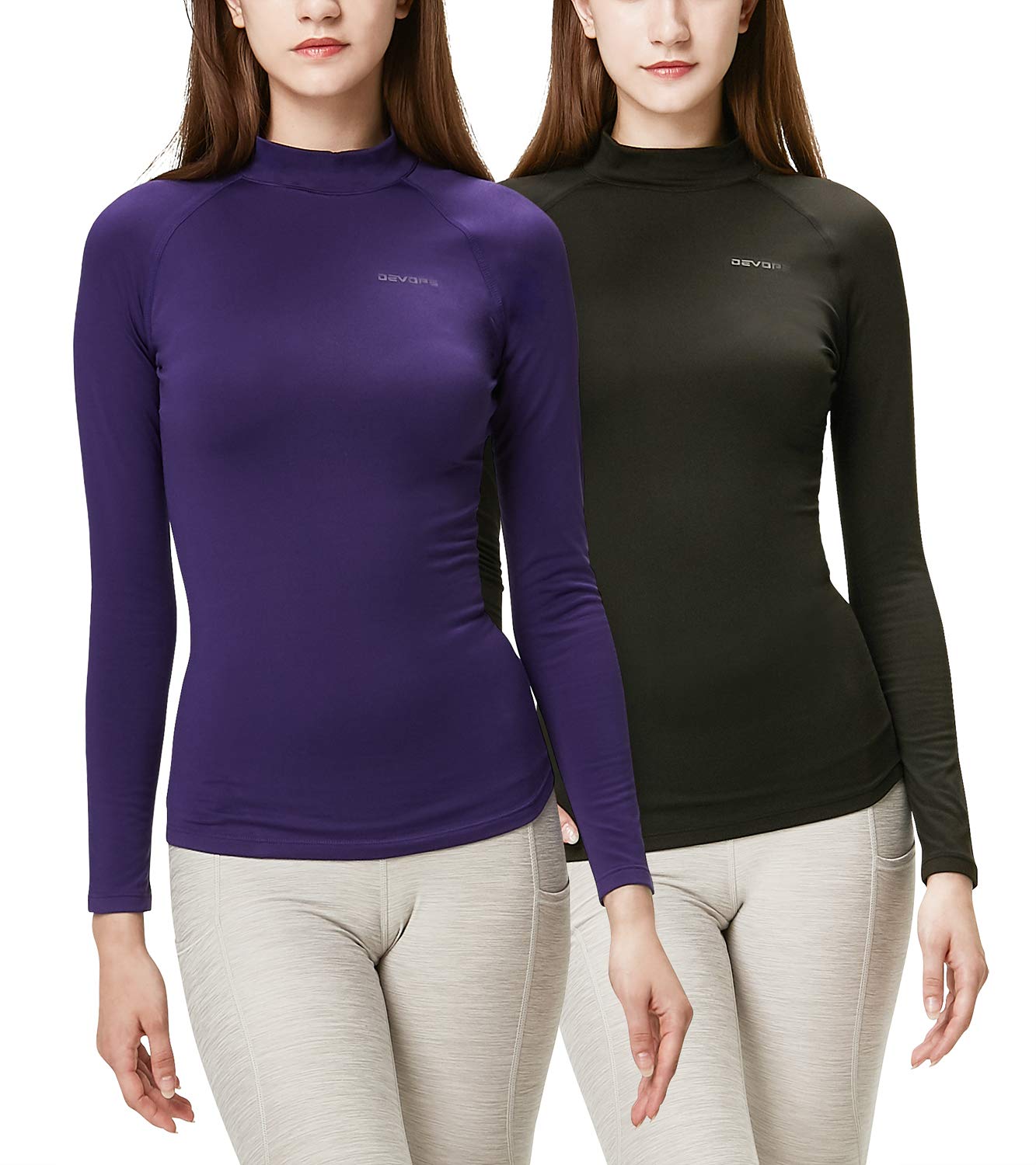 DEVOPS Women's 2 Pack Thermal Turtle Neck Long Sleeve Shirts - Compression Baselayer Tops for Running, Yoga & Cold Weather Workouts - Moisture Wicking & Warm Winter Activewear
