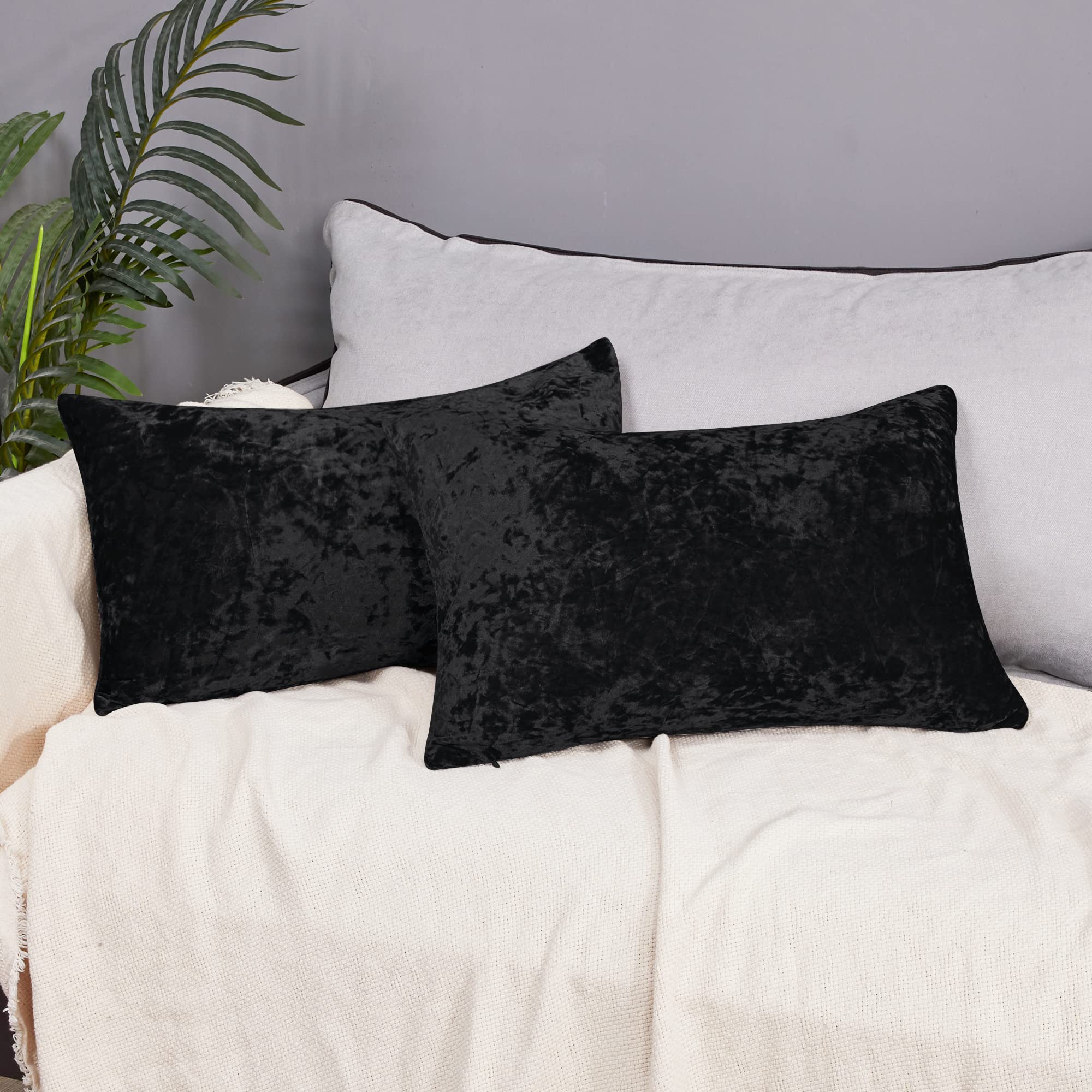 Deconovo Super Soft Black Velvet Decorative Throw Pillow Covers (2 Pack, 12x20 Inch) - Luxury Cushion Cases for Sofa, Bed, Living Room & Home Decor