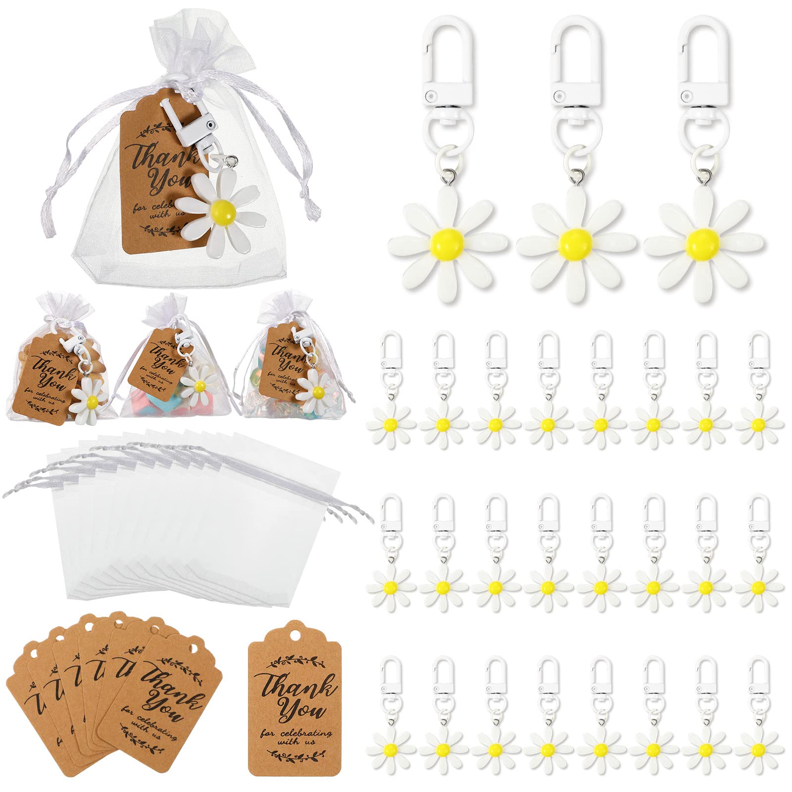 72 Pcs Daisy Flower Keychains Bulk Set with Organza Bags & Thank You Tags - Perfect for Sunflower Themed Parties, Bridal Showers, Wedding Favors, Baby Showers & Return Gifts