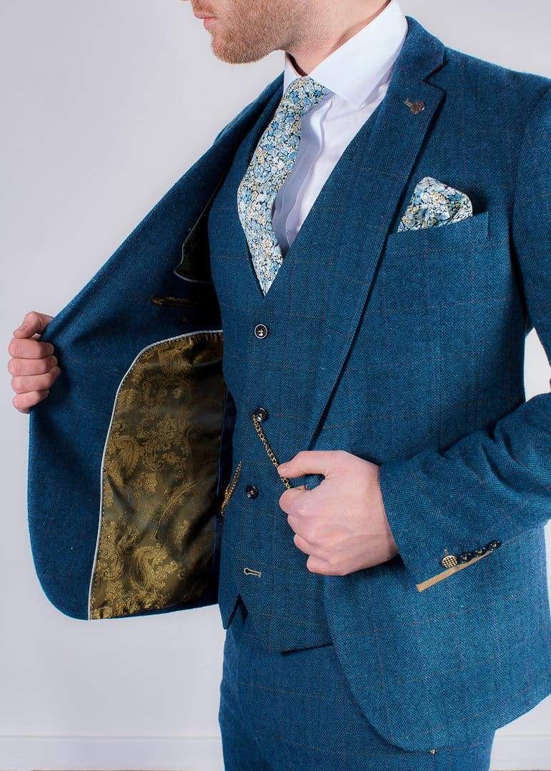 Marc Darcy Dion Teal Blue Tweed Slim Fit Wedding 3 Piece Suit for Groom, Best Man & Formal Events - Perfect for Weddings, Prom & Special Occasions