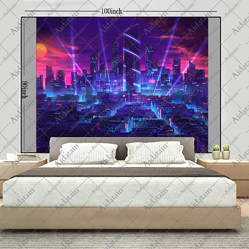 Aidatain Cityscape Tapestry - Punk Nightscape Game Wall Art | Large Flannel Wall Hanging 100x90 Inches for Bedroom, Living Room & Dorm Decor | Perfect for Gaming Rooms, Urban Themed Spaces & Teen Bedrooms