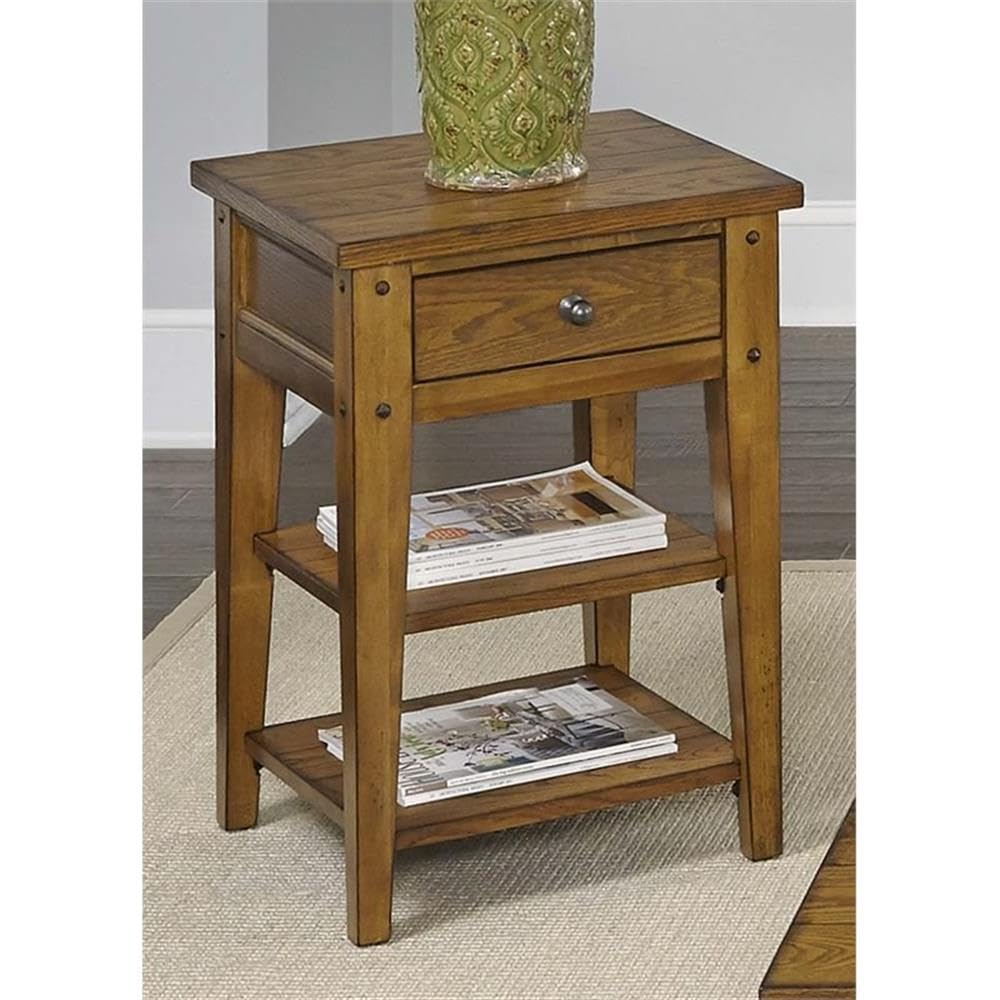 Pemberly Row Farmhouse Wood and Brass Side Table - Golden Oak Finish - Perfect for Living Room, Bedroom, or Office Accent Table