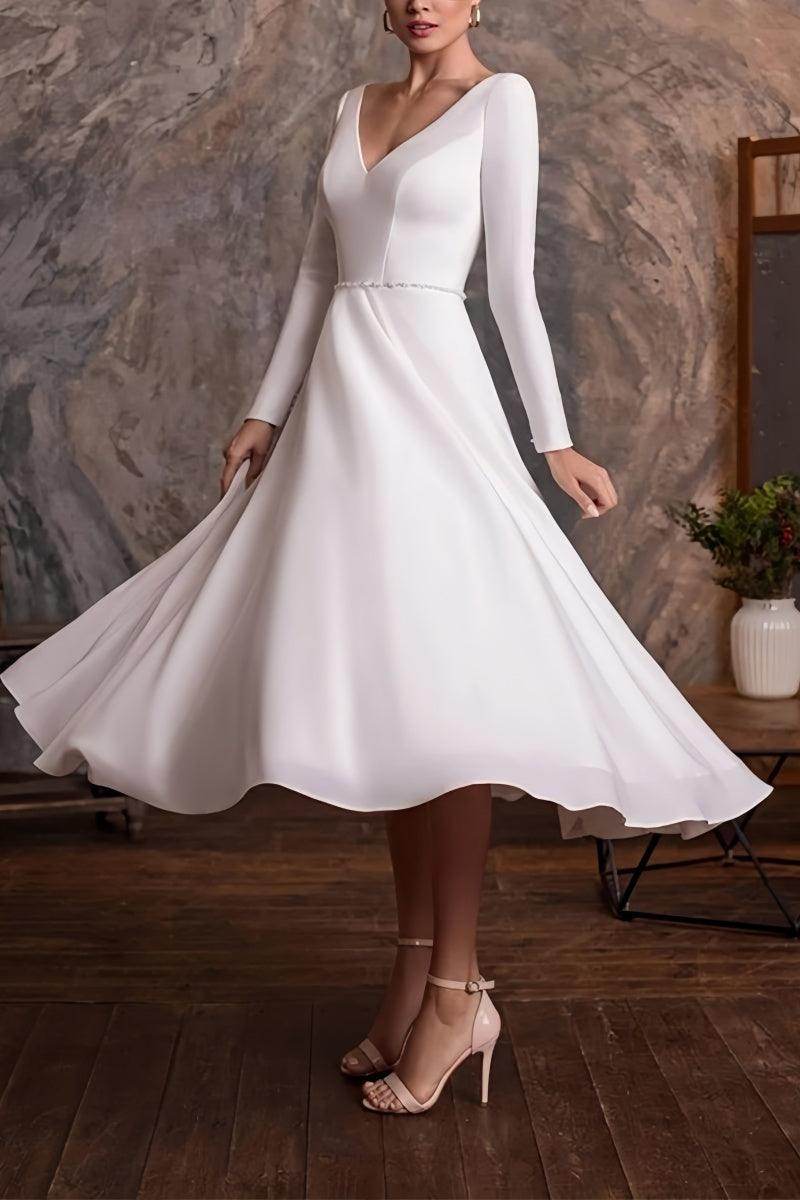 Elegant Long Sleeve Beaded Tea-Length White Party Dress CW3383 - Perfect for Weddings, Cocktail Parties & Formal Occasions