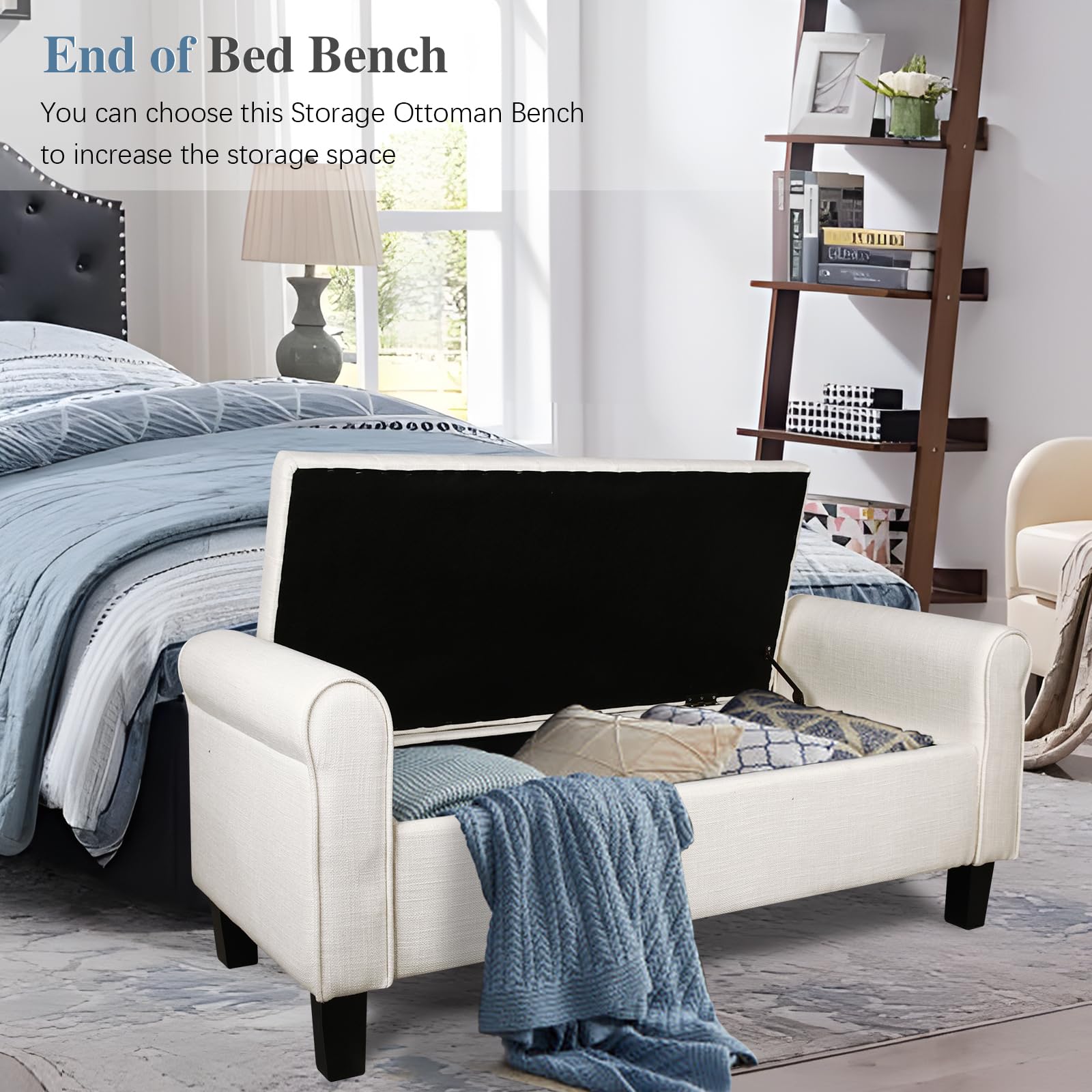 Upholstered Storage Ottoman Bench with Rolled Arms - Bedroom, Living Room & Entryway Furniture - Perfect for Bed End, Hallway Seating & Home Organization