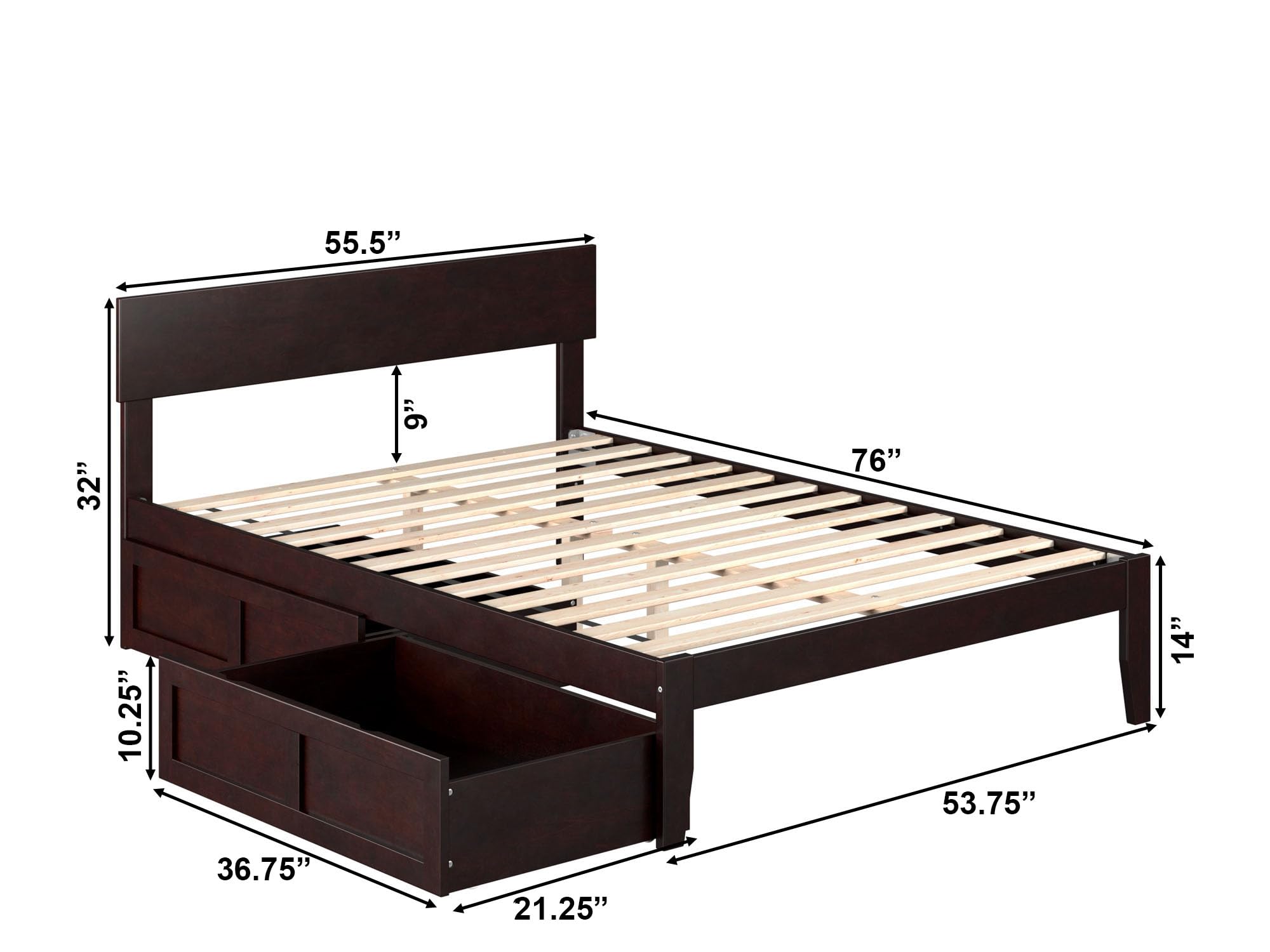 AFI Boston Full Size Platform Bed with Storage Drawers in Espresso - Modern Wooden Bed Frame with Underbed Storage for Small Spaces - Perfect for Apartments, Dorms & Guest Rooms